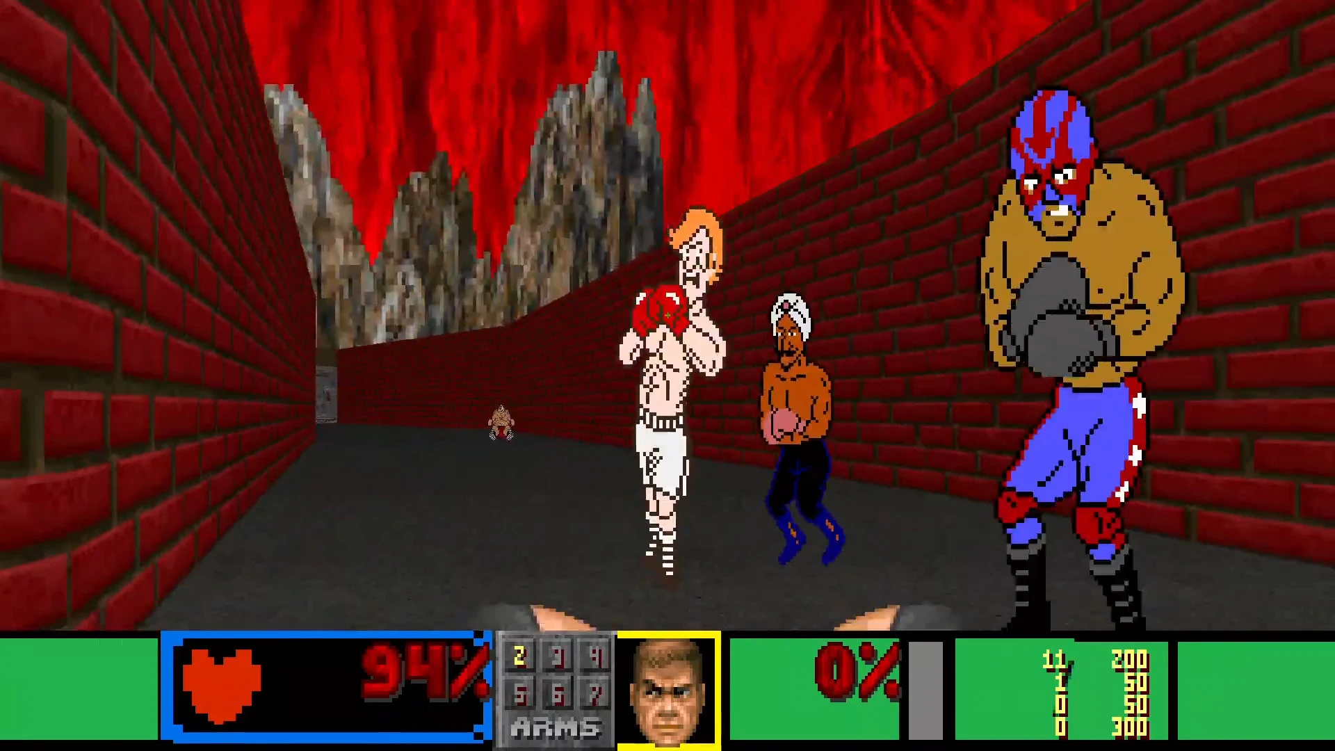 Screenshot aus dem Doom II Mod Punch-out Doom mit pixeligen Boxern in einem roten Backstein-Korridor