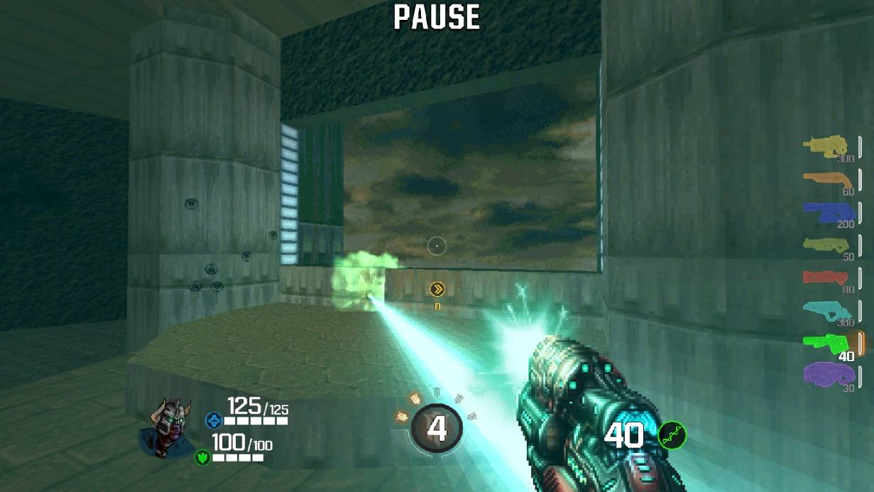 First-person view of player firing a glowing energy weapon inside a futuristic concrete structure in Doom II Quake Champions mod