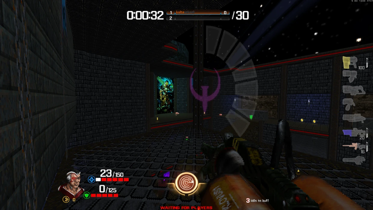 FPS view in Quake Champions Doom Edition mod showing weapon and arena combat area with player HUD