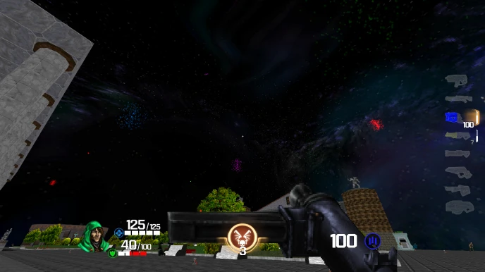 First-person view showing a dark sky and weapons HUD in Doom II with Quake Champions Doom Edition mod