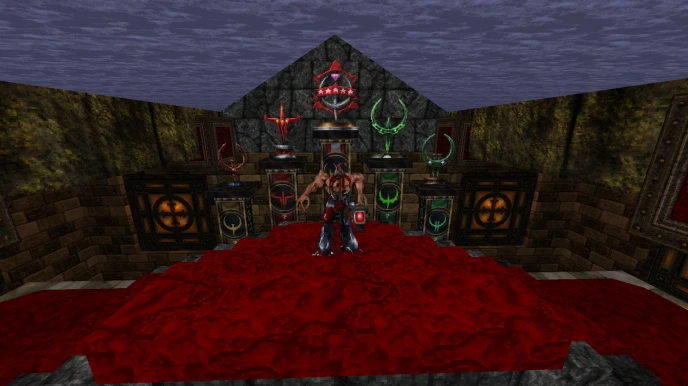 In-game screenshot showing character standing on red floor with multiple weapon trophies on pedestals in a stone room