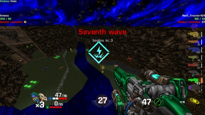 First-person view of player holding futuristic weapon during seventh wave countdown in Doom II Quake Champions Doom Edition mod