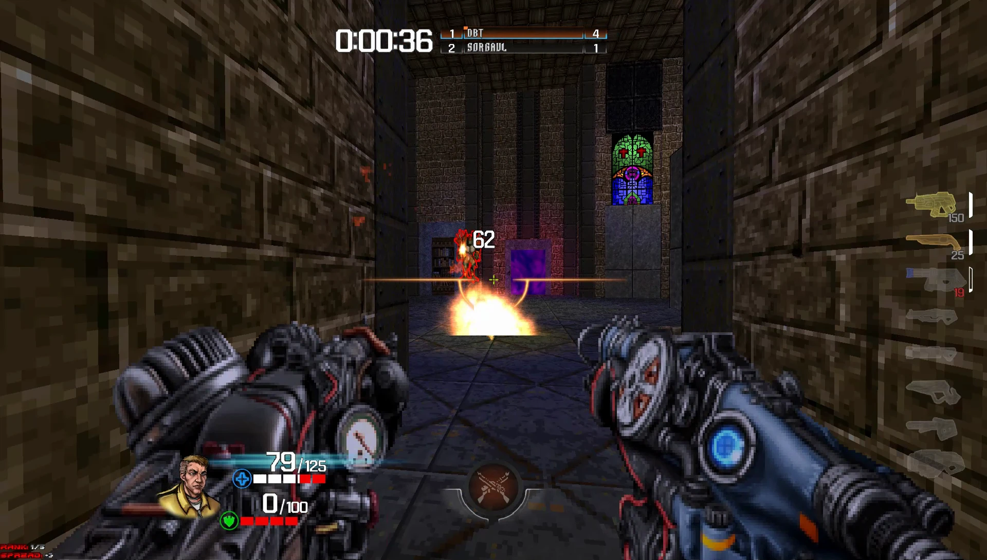 First-person shooter view with two futuristic guns firing in a dim stone corridor inside Quake Champions Doom Edition mod