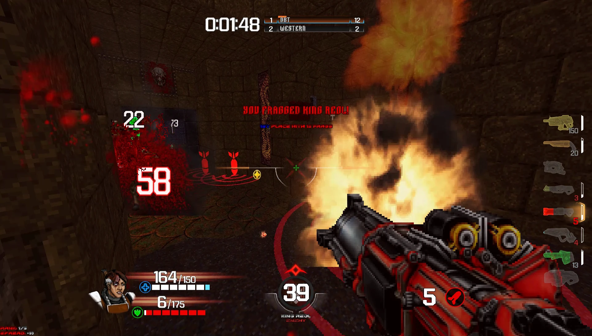 First-person view of a player firing a large gun amidst flames in Quake Champions Doom Edition mod for Doom II