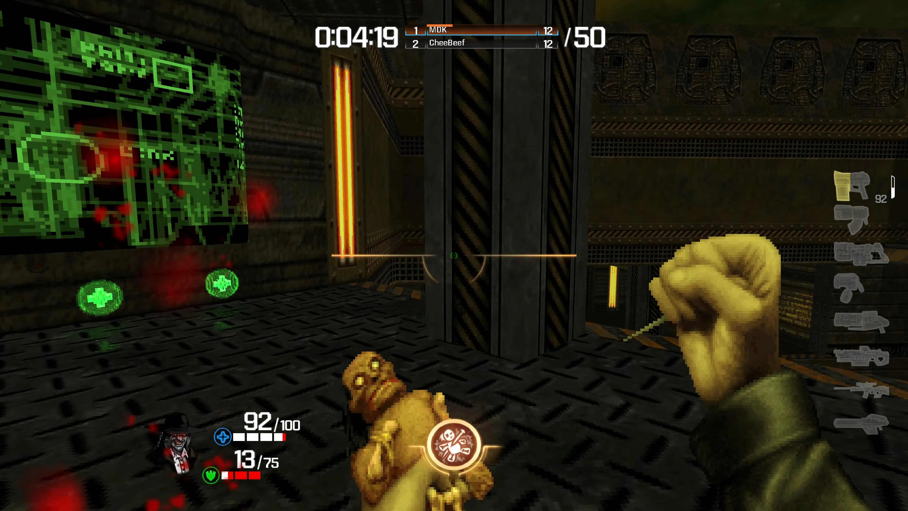 In-game screenshot showing pixelated first-person view with weapon and health info in Quake Champions Doom Edition mod