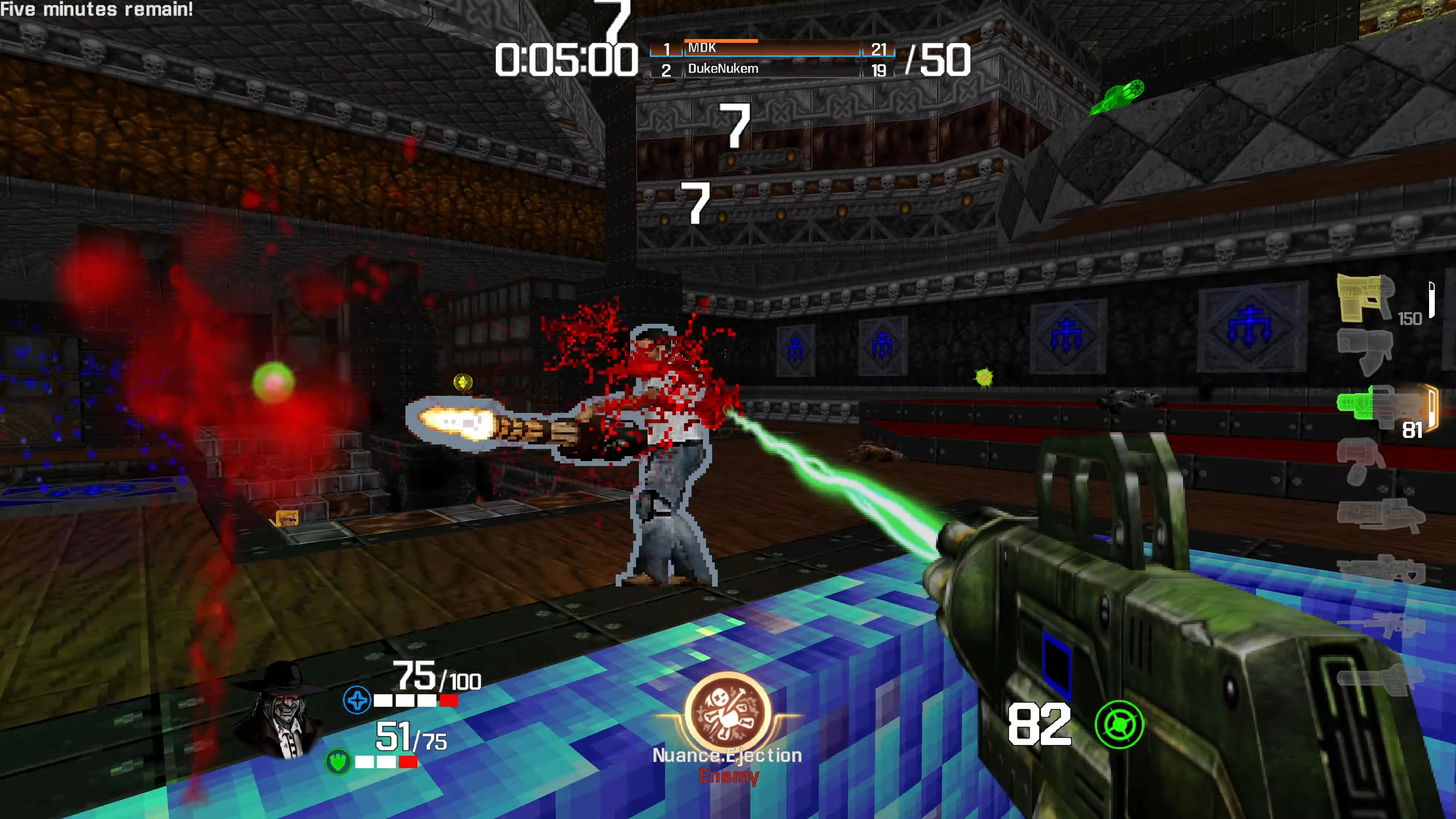First-person view shooting enemy with green energy weapon in Quake Champions Doom Edition mod