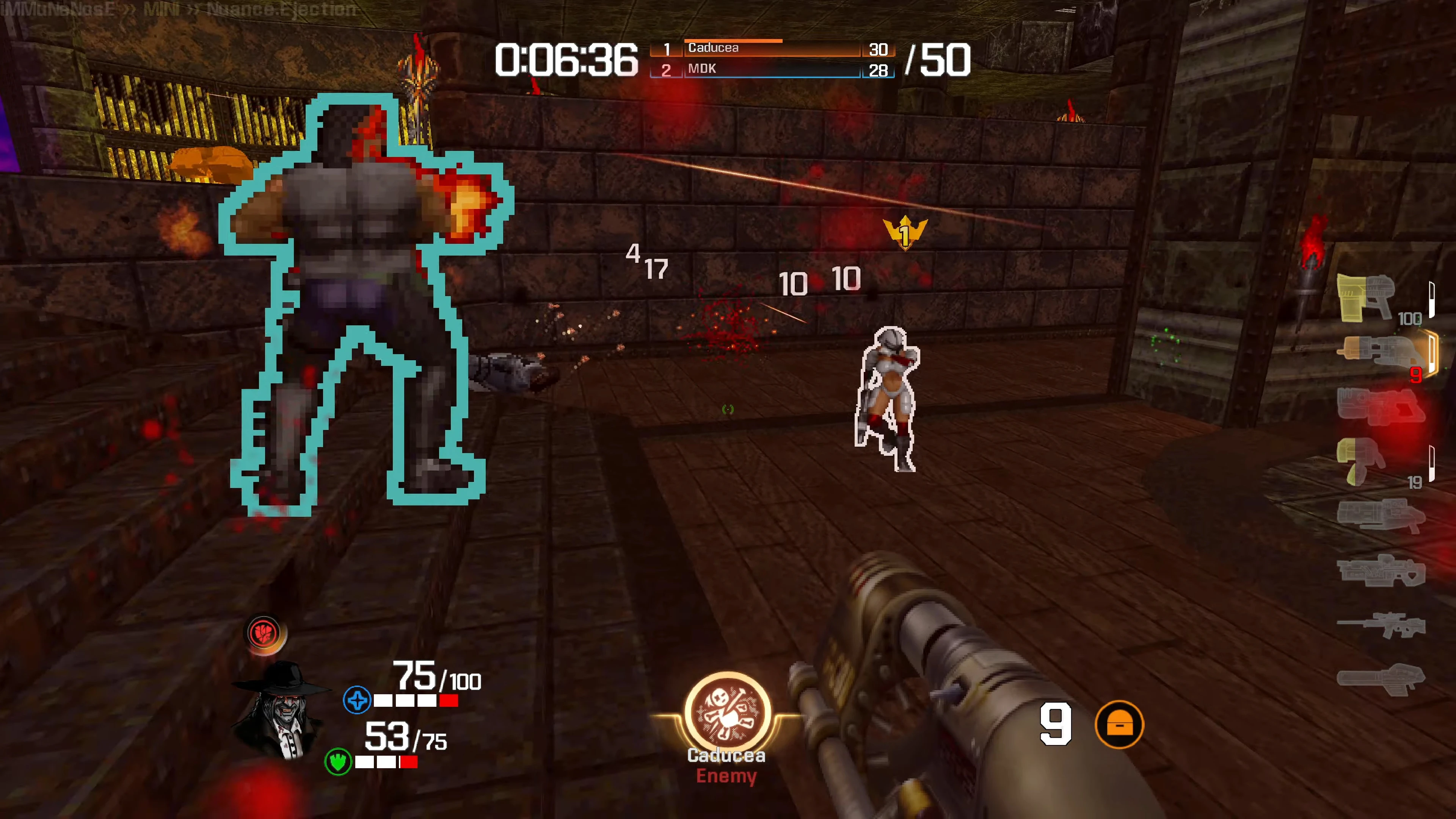 Gameplay screenshot from Quake Champions Doom Edition mod showing a player shooting pixelated enemies in a dungeon-like arena