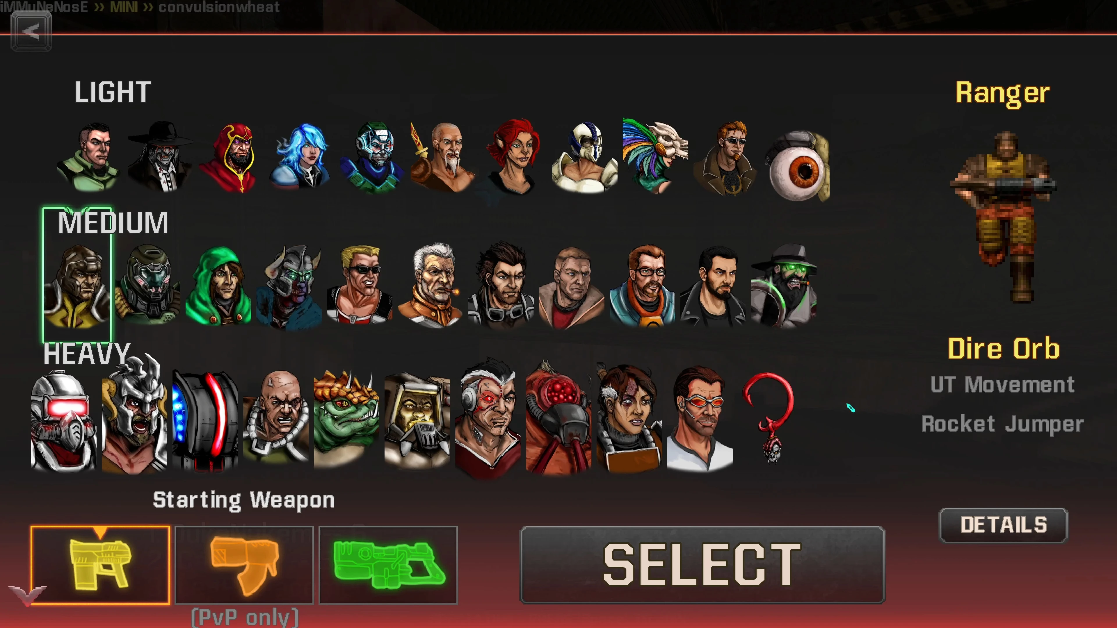 Interface showing character portraits grouped by Light, Medium, Heavy with highlighted Medium class and pixelated Doom Ranger