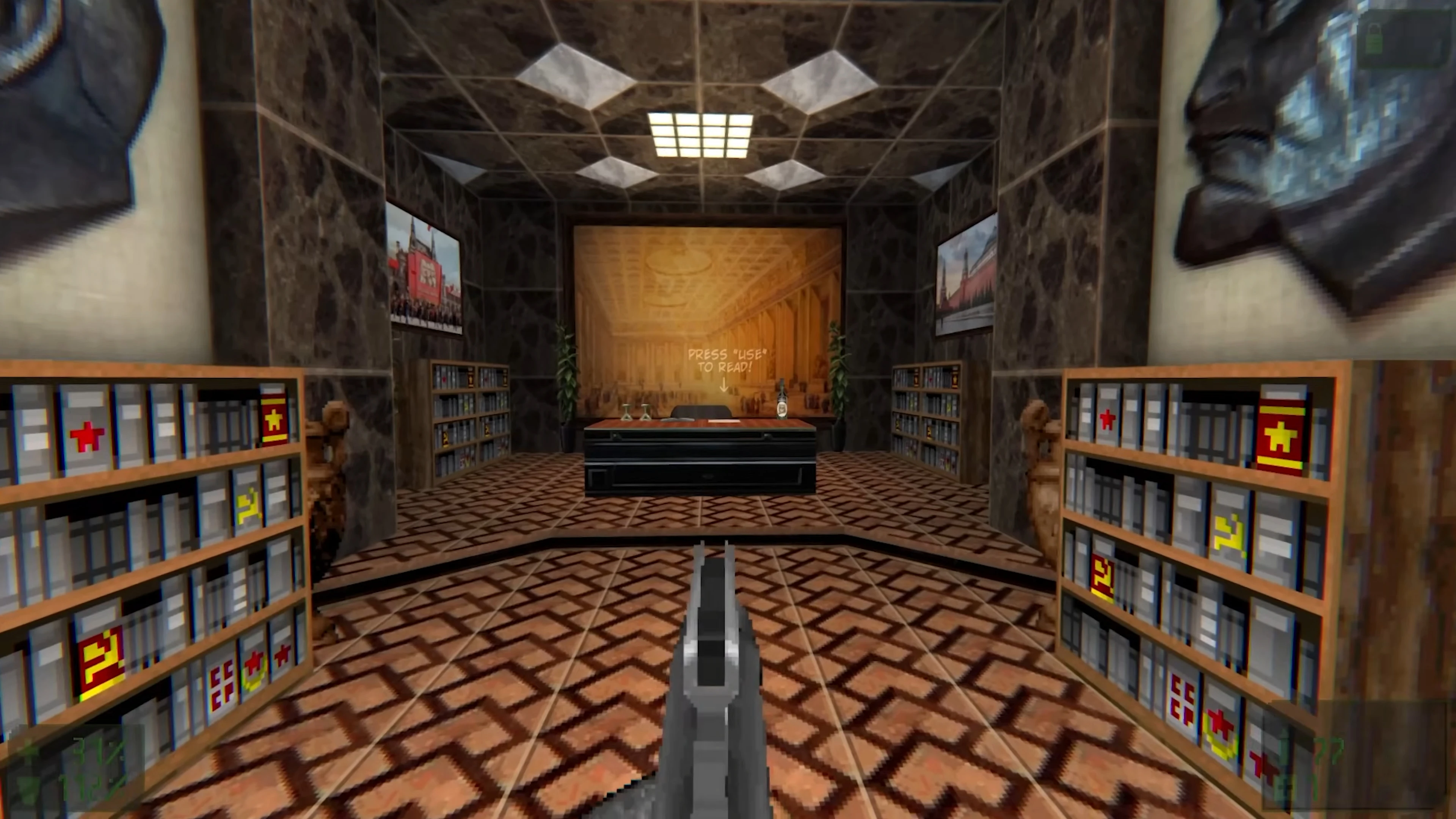 First-person view of a pixelated Soviet-themed office with bookshelves and a desk in Doom II mod Reds Over World