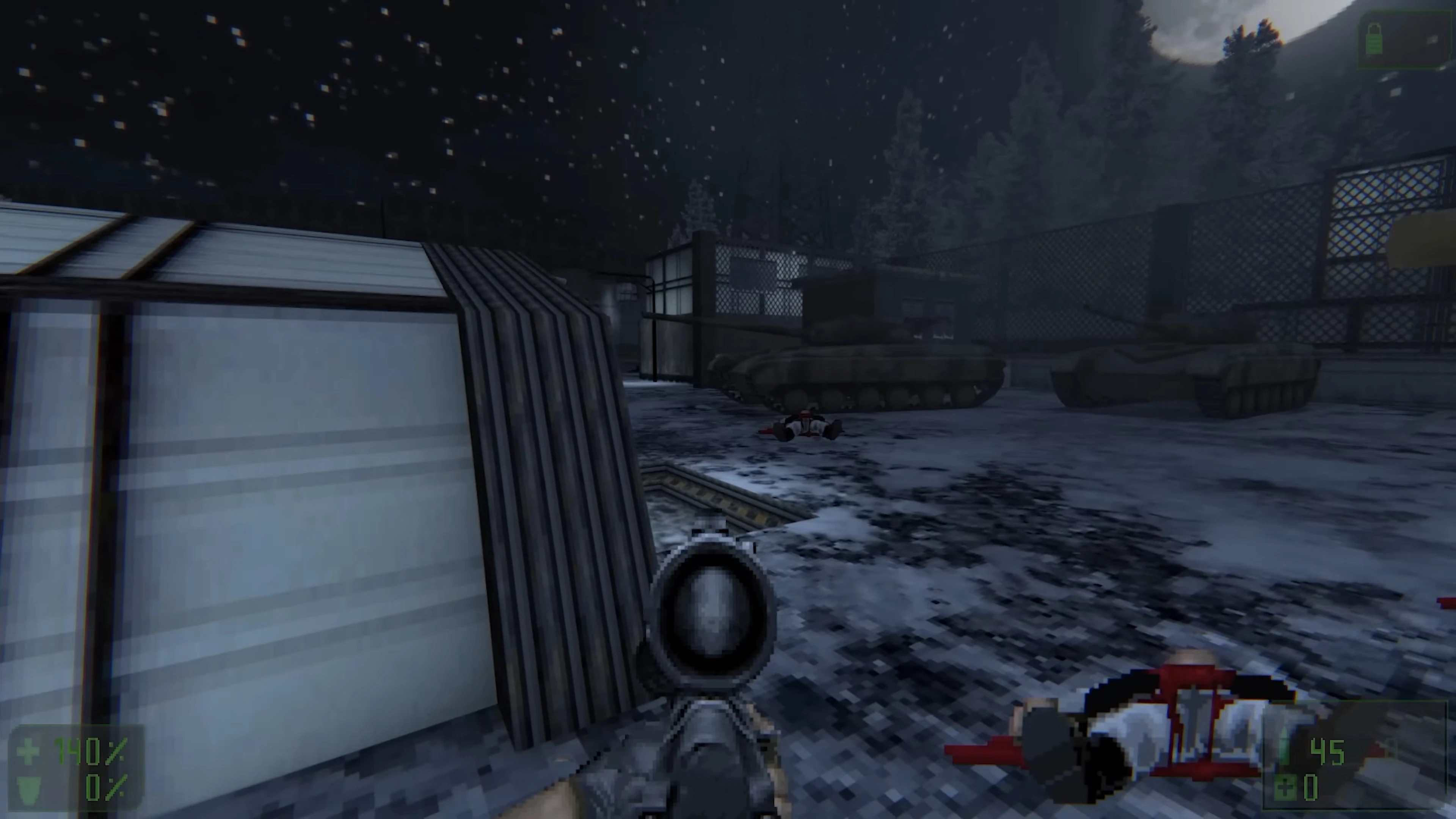First-person view aiming a rifle in snowy night map with tanks and a fallen soldier in Doom II mod REDS OVER WORLD
