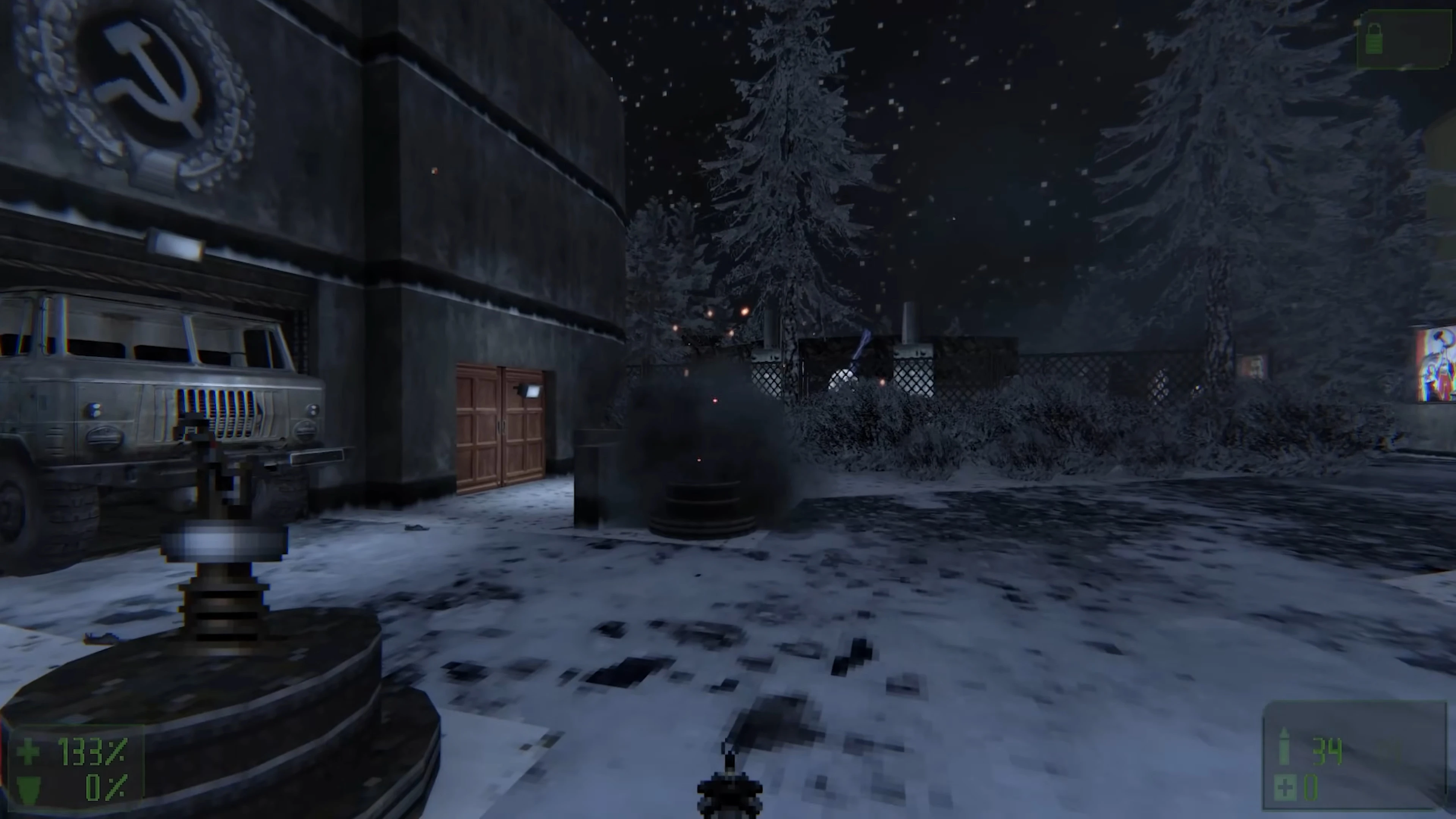 Night snowy battle area with Soviet hammer and sickle emblem on building wall in Doom II Reds Over World mod