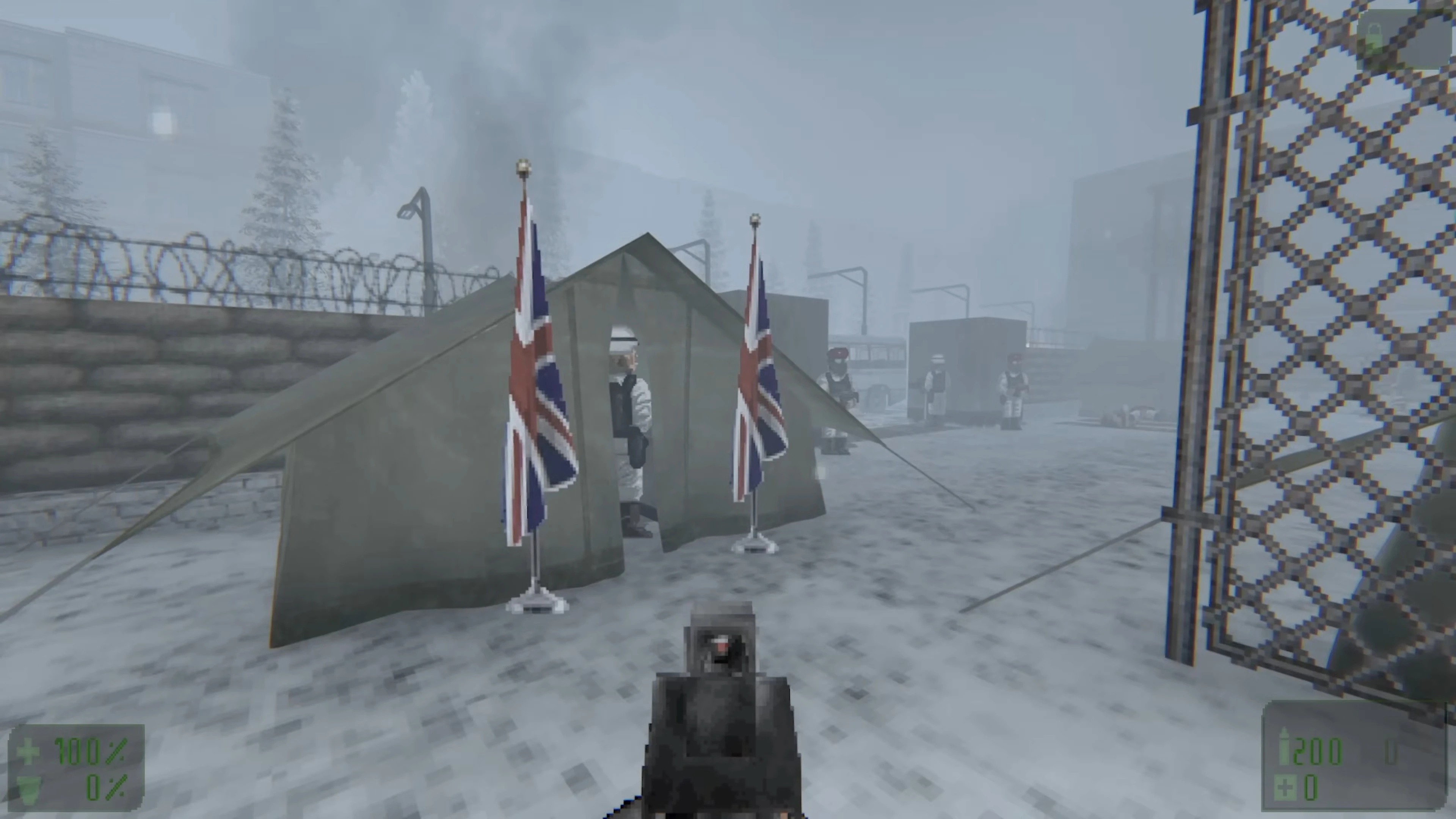 In-game view of a snowy military base with tents, soldiers in white uniforms, and British flags in Doom II mod Reds Over World