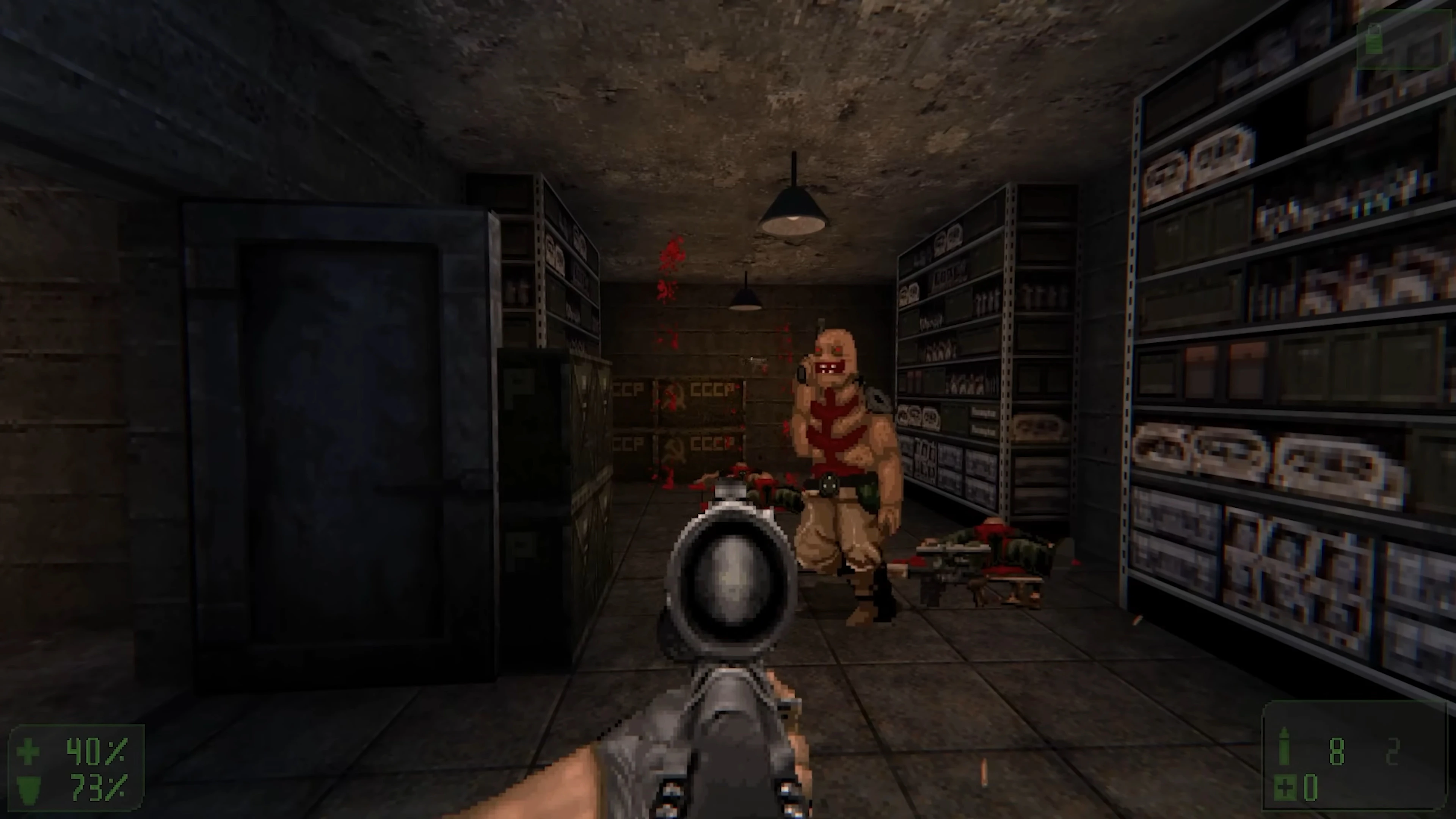 Player aiming a scoped rifle at a mutant creature inside a dimly lit storage room in Doom II Reds Over World mod