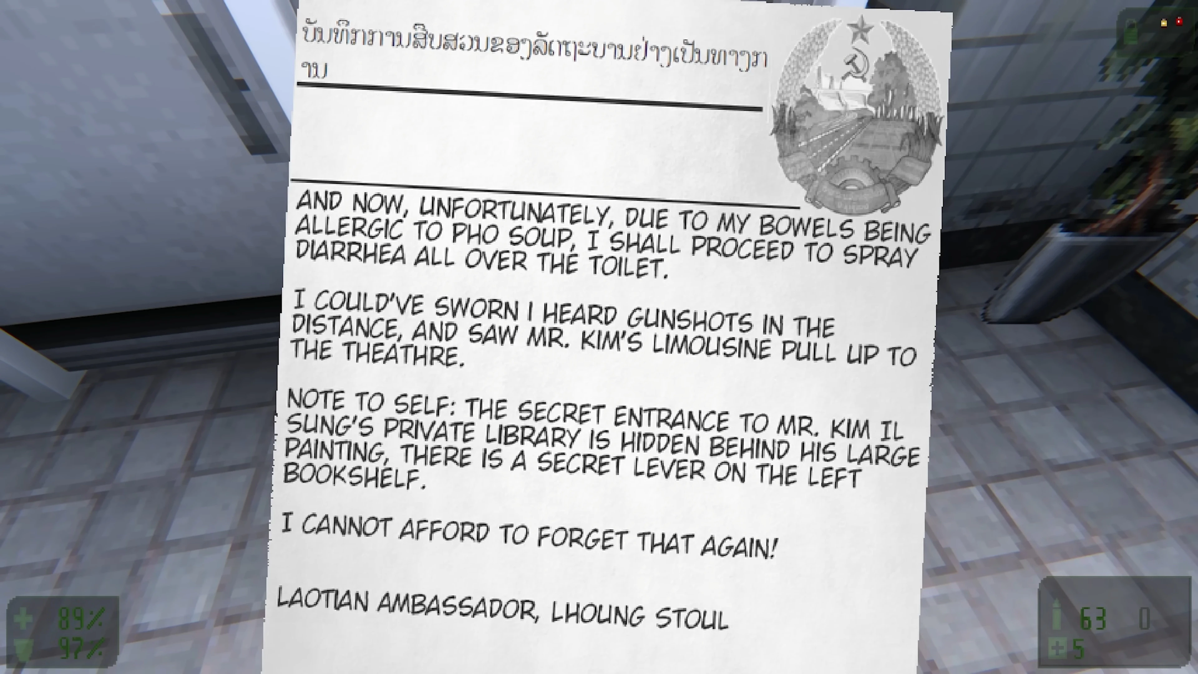 In-game note from Laotian ambassador with secret library entrance instructions in Doom II Reds Over World mod