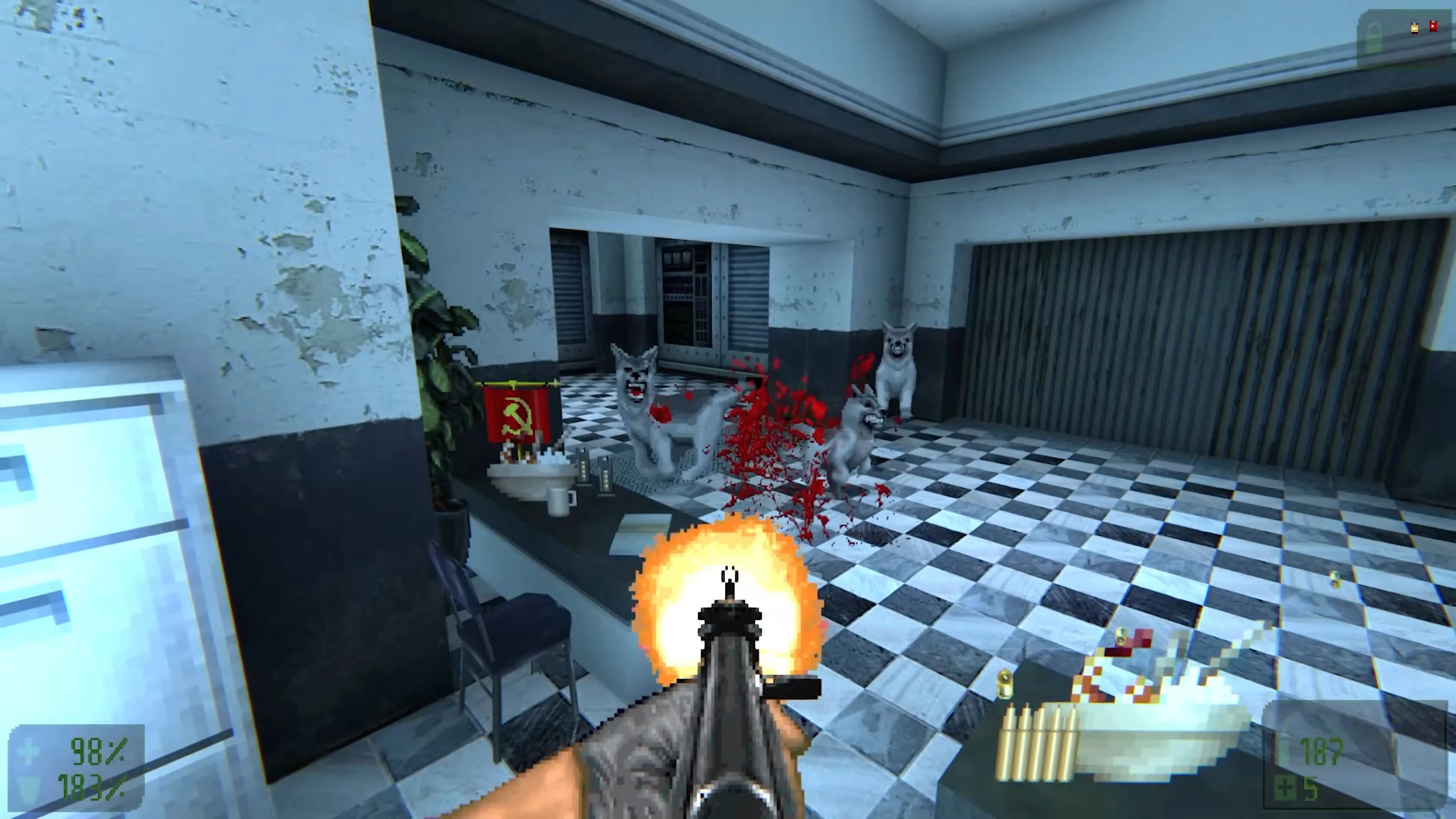 First-person shooter view of player firing a gun at pixelated wolves inside a checkered floor room with Soviet flag