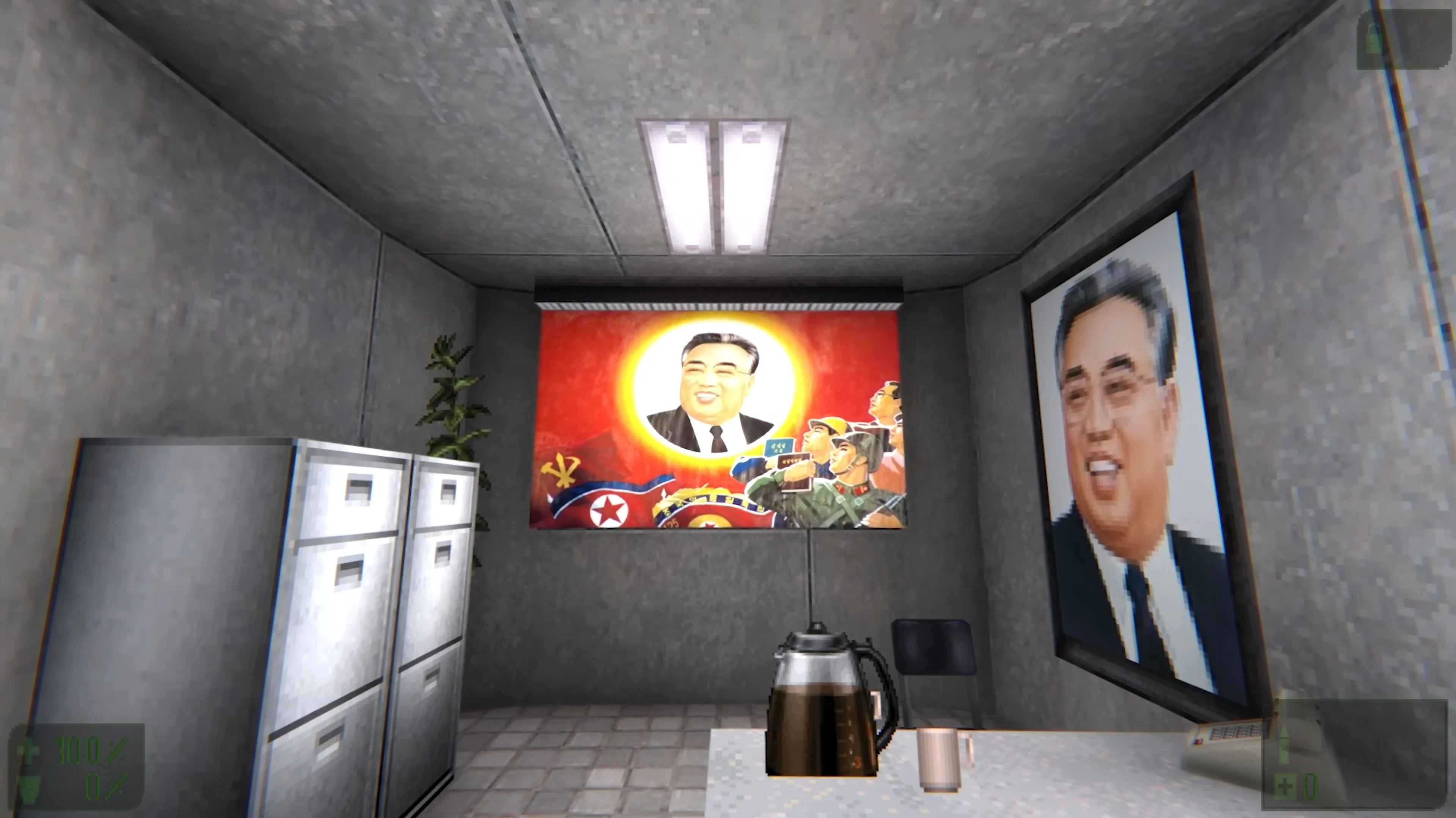 In-game screenshot showing a gray room with Soviet-style propaganda posters and a coffee pot on a table