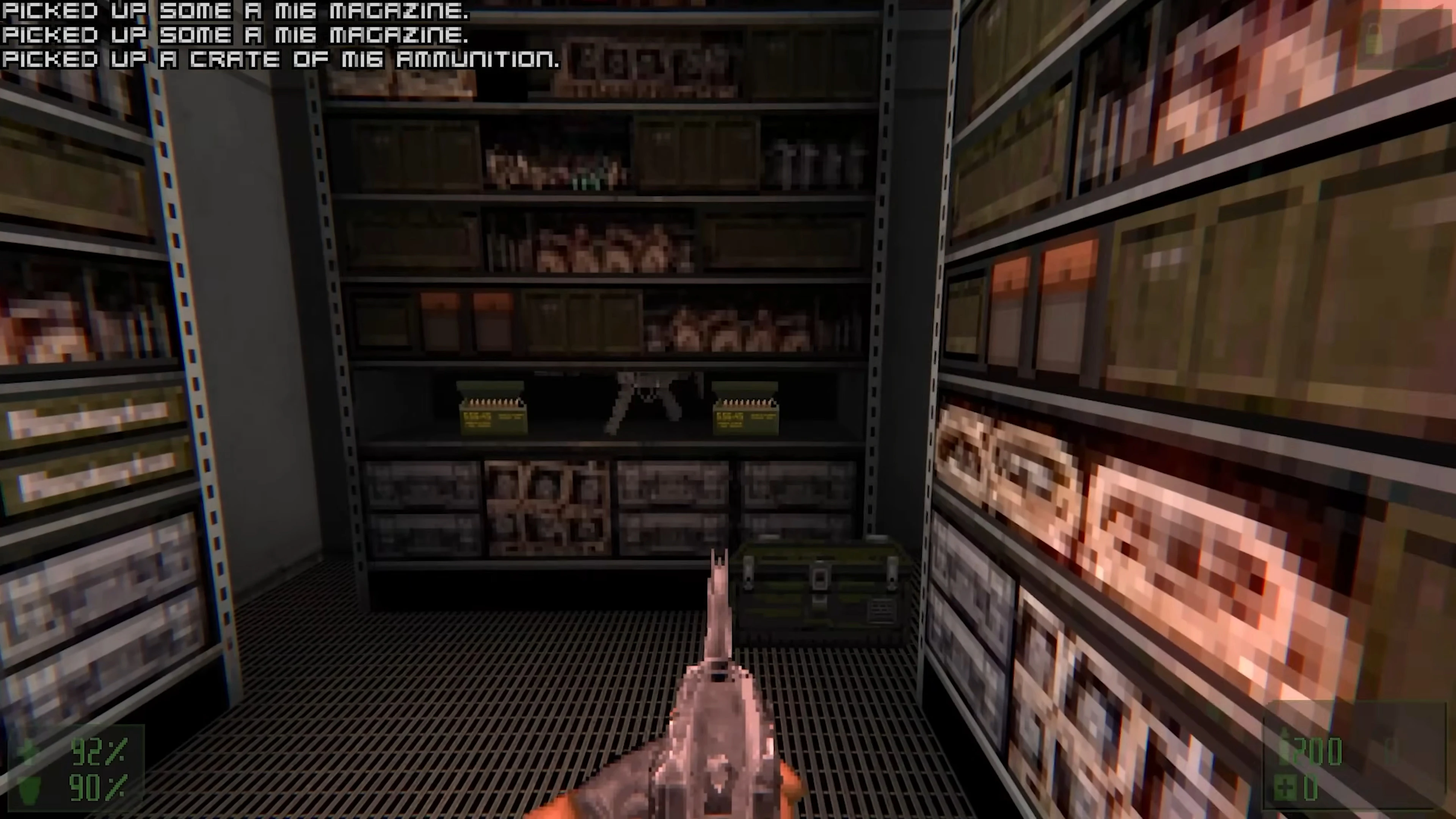 First-person view in Doom II mod REDS OVER WORLD showing shelves with crates and M16 ammunition