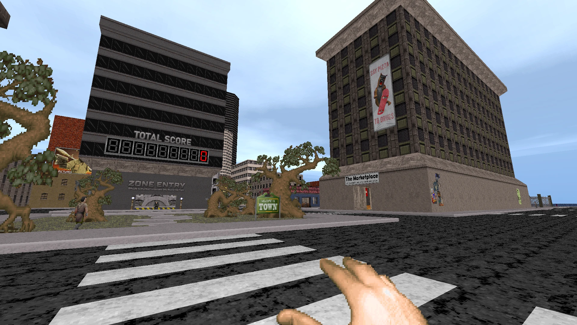 Вид от первого лица на городскую улицу с большими зданиями, деревьями, знаком входа в зону и табло в моде Doom II Reelism 2