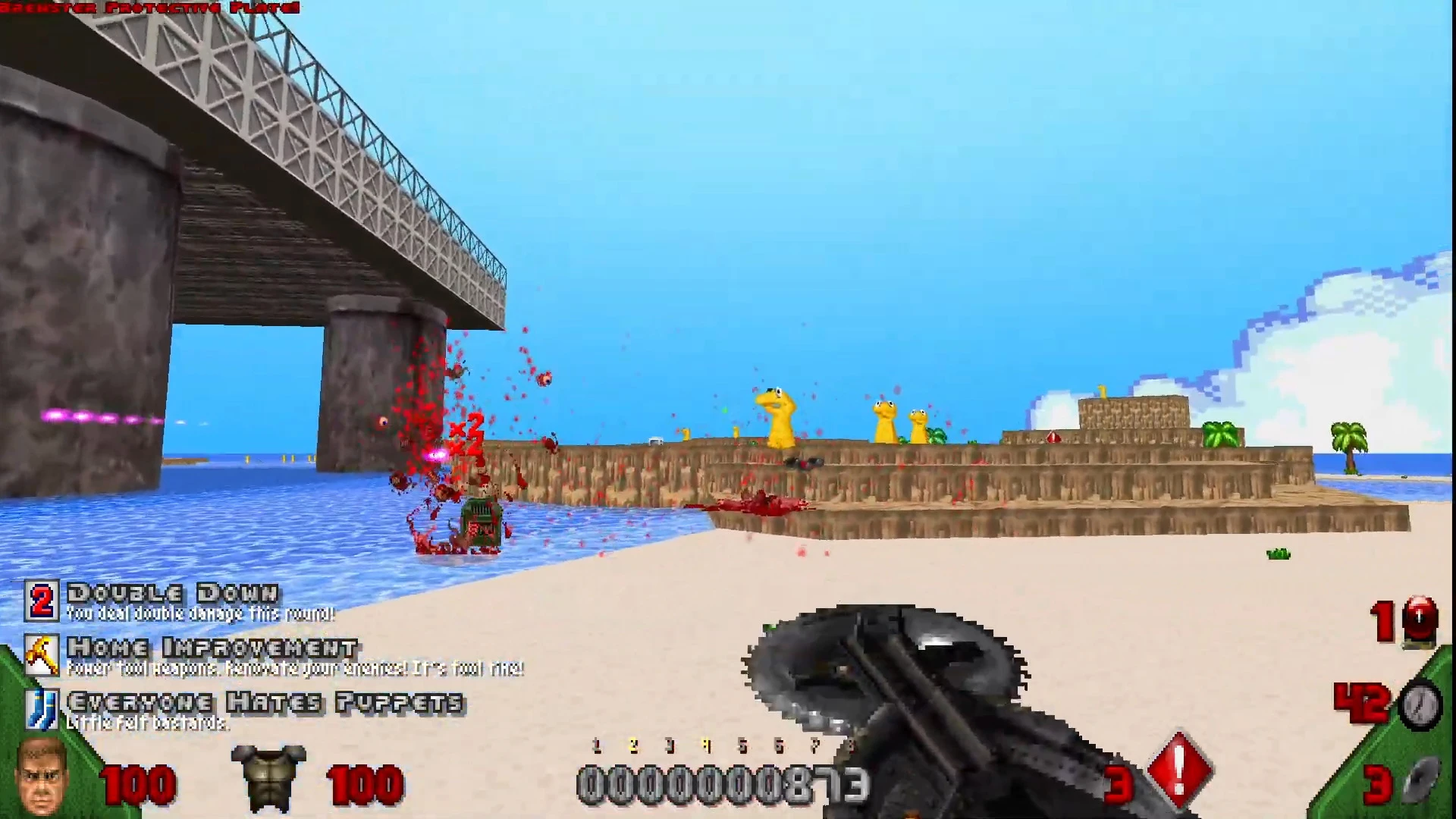 Вид от первого лица сражения на песчаном пляже под мостом с пиксельной водой и жёлтыми существами в моде Doom II