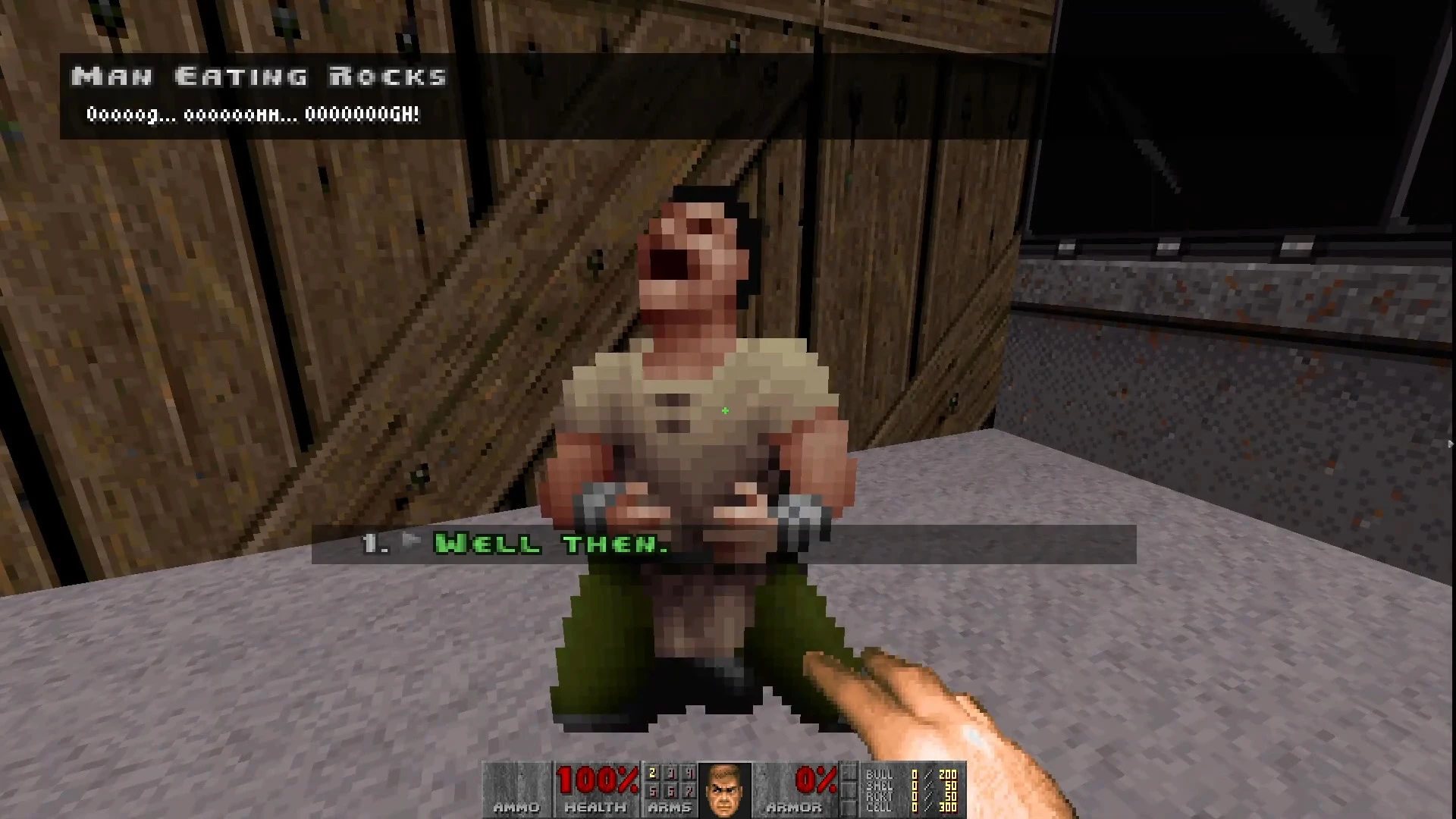 Пиксельный пленник на коленях кричит на фоне деревянной двери в моде Doom II Reelism 2