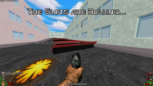 Вид от первого лица в моде Reelism 2 для Doom II с игровым автоматом на городской улице и прицеленным оружием