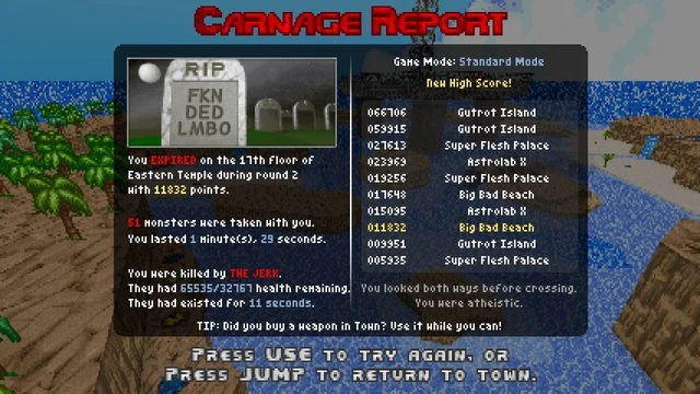 Скриншот мода Doom II Reelism 2 с отчетом о резне, статистикой смерти игрока, очками и деталями режима игры
