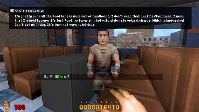 Скриншот игры с пиксельным NPC в коричневом кафе, говорящим о текстурах еды из картона в моде Doom II Reelism 2