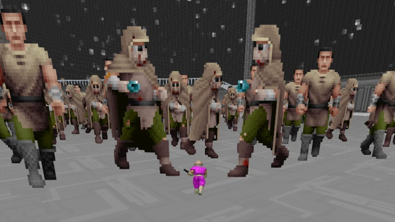 Маленький персонаж Doom II стоит перед большой группой гуманоидных монстров в плащах с светящимися сферами на сером фоне