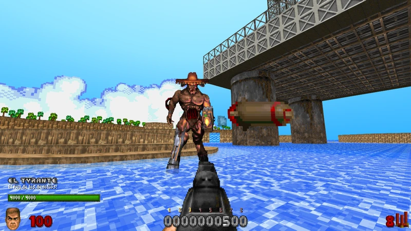 Игрок стреляет из дробовика по монстру в сомбреро на воде рядом с мостом в моде Doom II Reelism 2