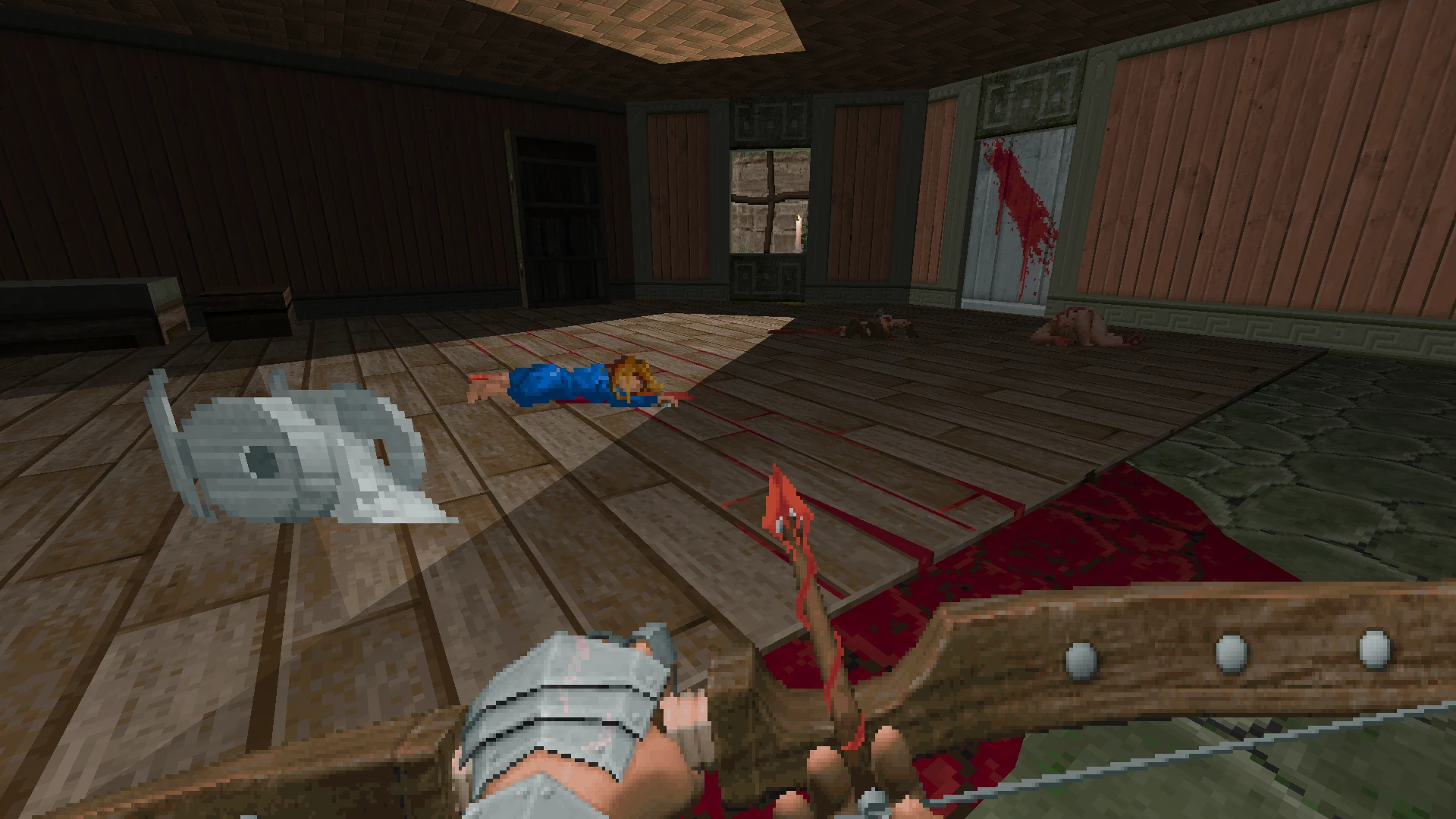 First-person view in Doom 1993 REKKR mod showing a bloodstained wooden room with dead bodies and a bow in hand
