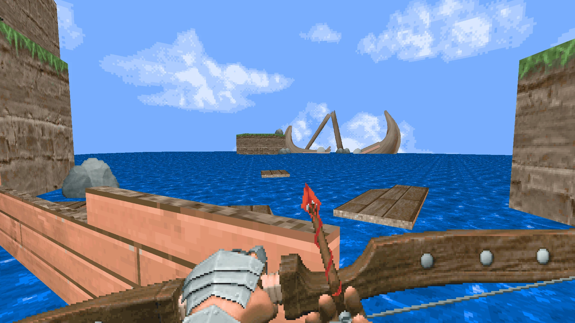 First-person view of a player aiming a medieval bow over water towards a distant Viking shipwreck in Doom REKKR mod