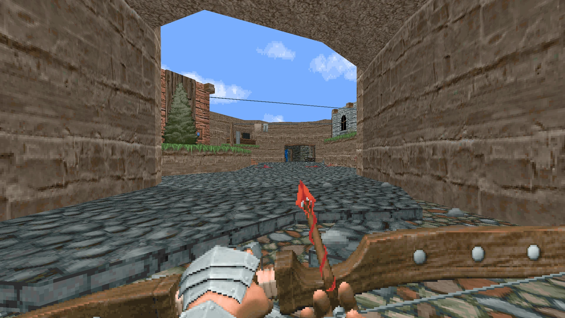 First-person view showing medieval bow and arrow in stone castle environment in Doom 1993 REKKR mod