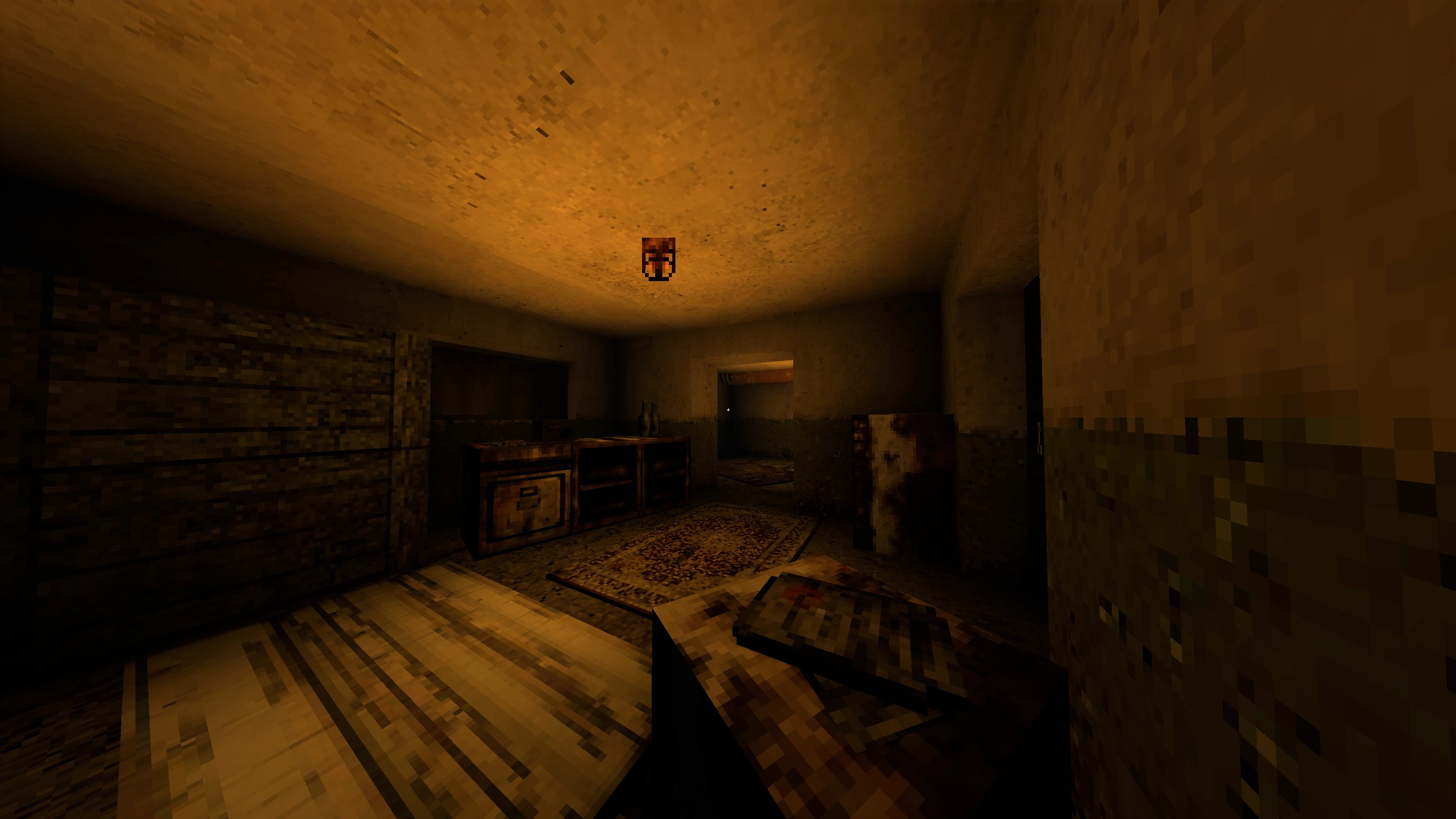 Dimly lit retro pixelated room with wooden furniture and rug in Doom II mod Retrozone