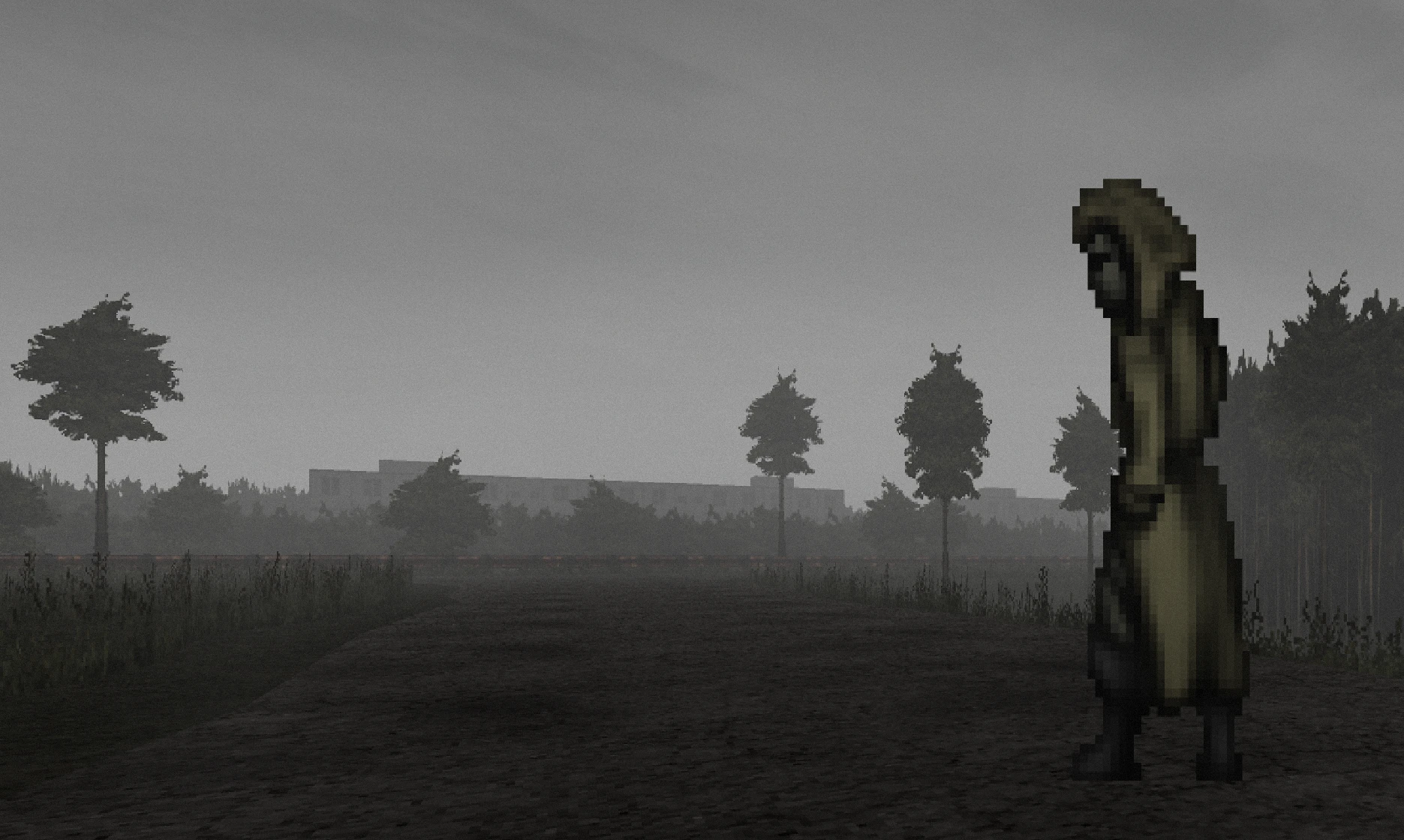Pixelated hooded figure stands on a dark foggy road with trees and buildings in distance from Doom II Retrozone mod