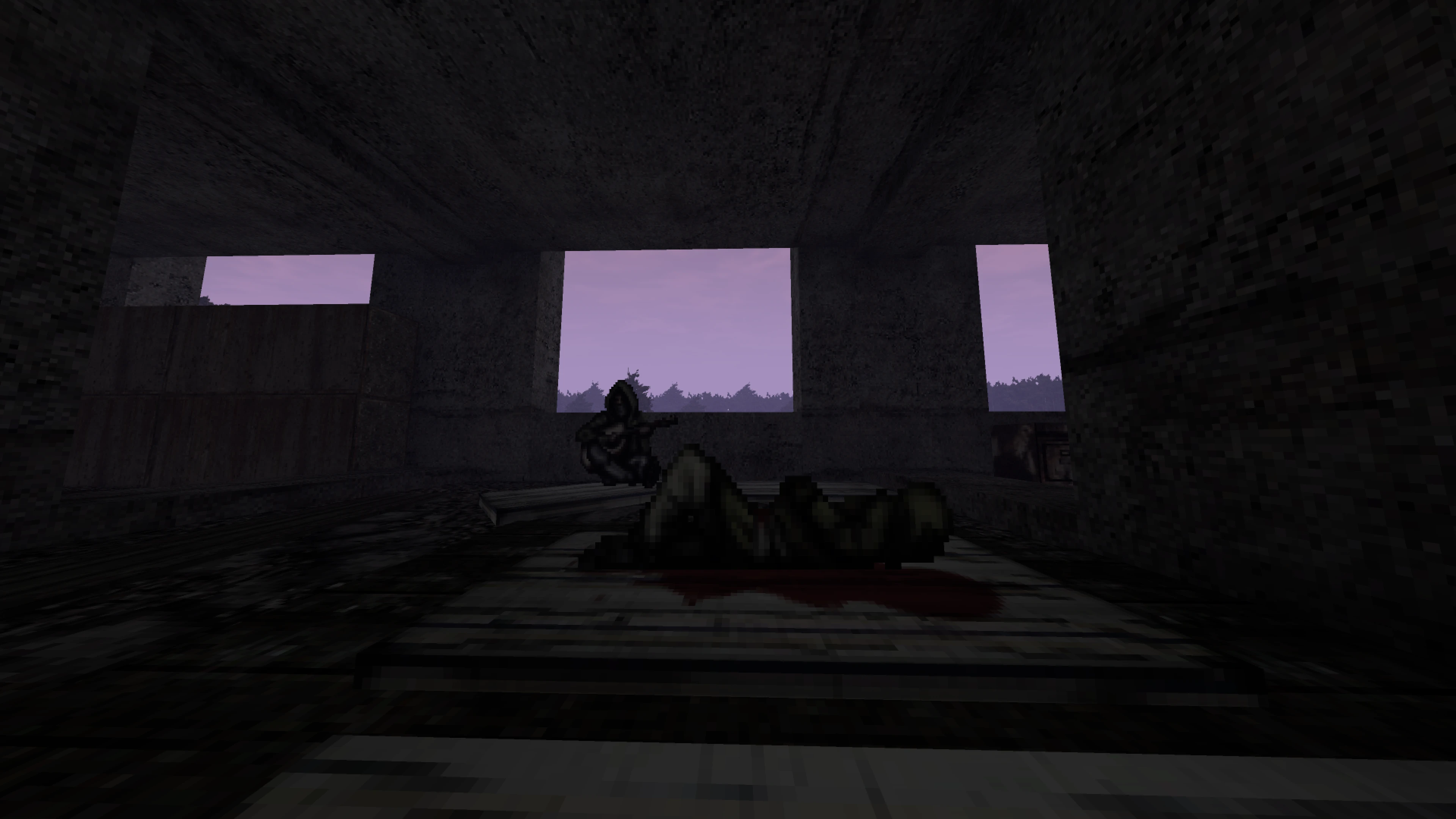 Dark room with pixelated soldier sitting near a dead body on the floor in a Doom II Retrozone mod environment