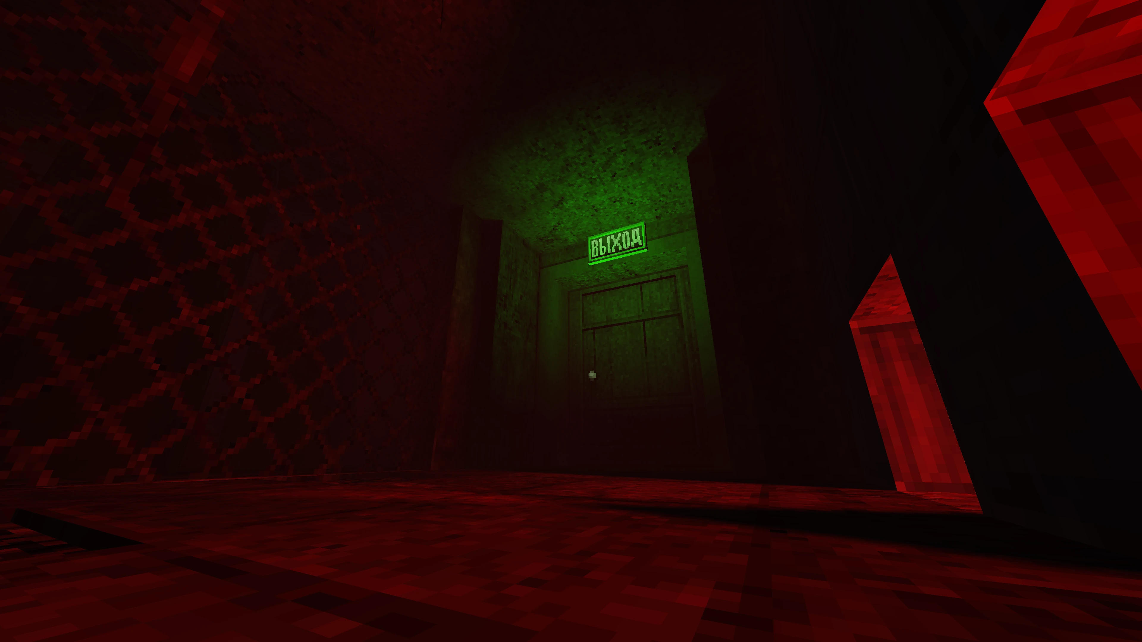 Dimly lit corridor with a glowing green exit sign above closed door in Doom II Retrozone mod