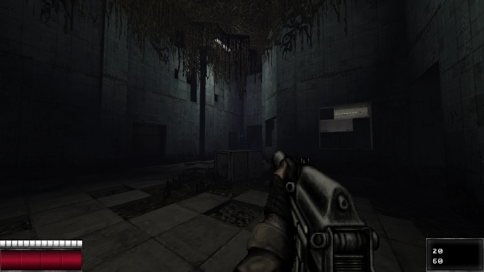 Player holding a futuristic gun facing a grimy, dilapidated industrial room with dark ceiling and moss in Doom II Retrozone