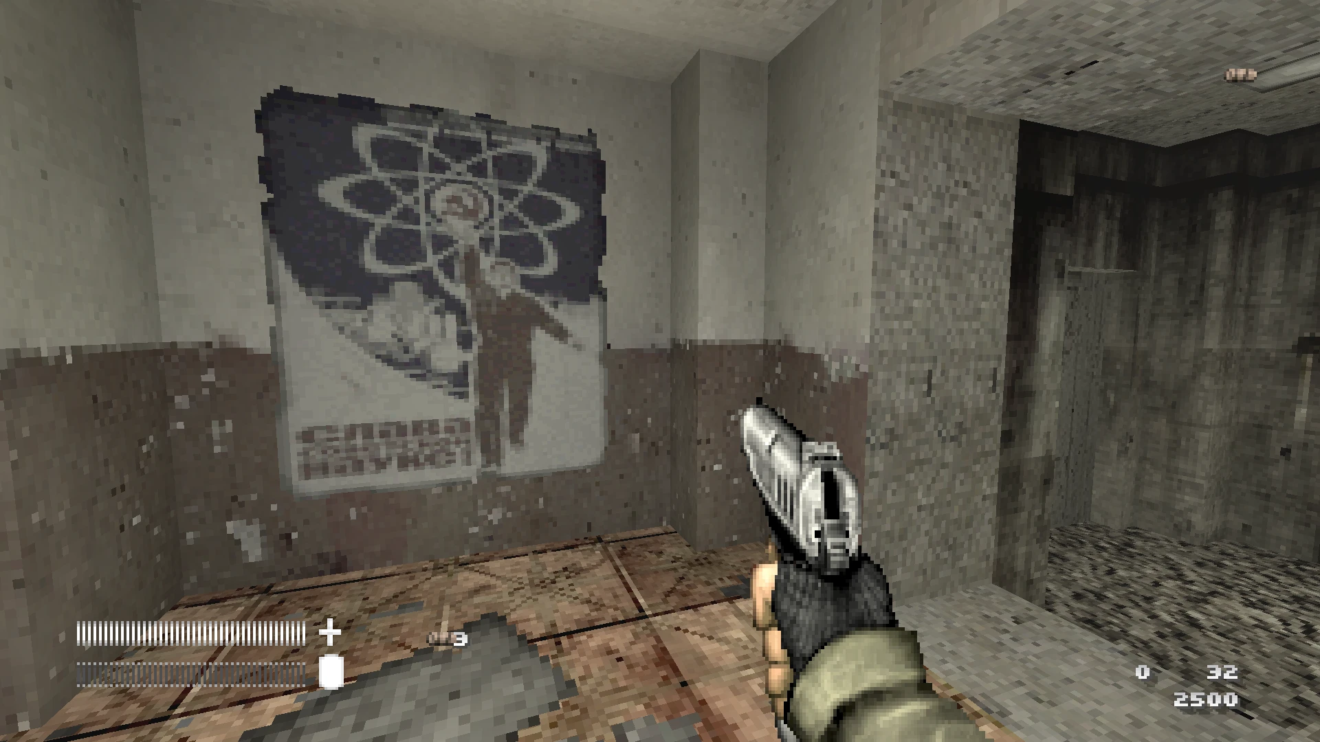 Gameplay screenshot showing player holding a pistol inside a dim, pixelated room with a worn wall poster
