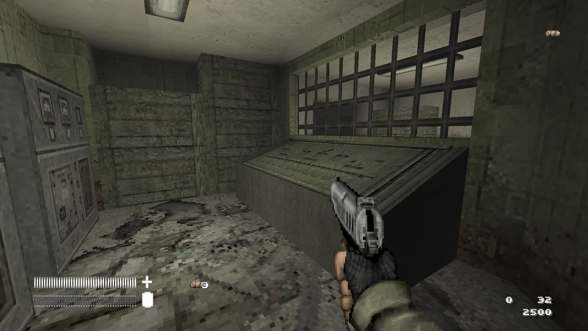 First-person view of a player holding a pistol inside a dimly lit industrial control room with metal panels