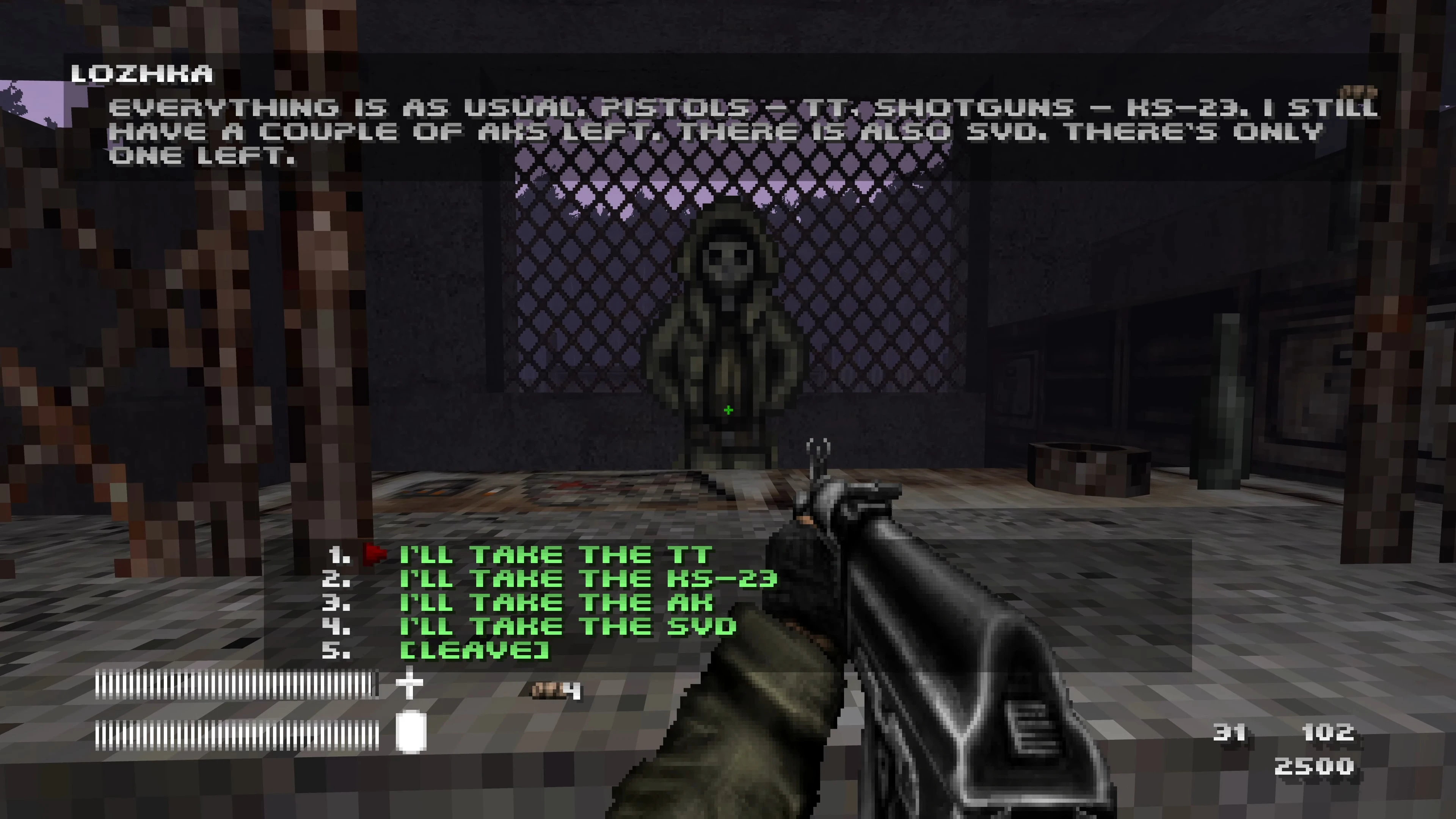 Player holding a shotgun in front of NPC offering weapon choices in Doom II Retrozone mod