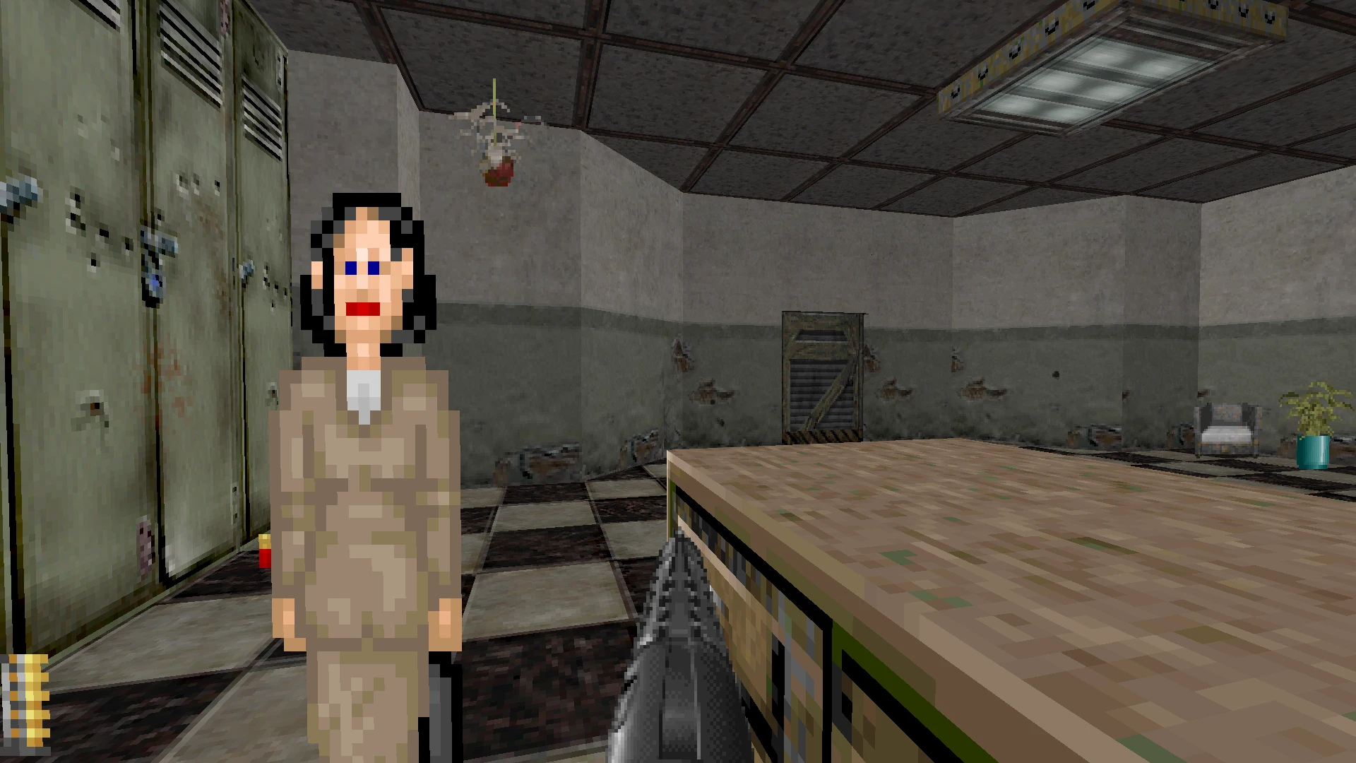 First-person view inside an office with a pixelated character and a spiked weapon in Doom II Robocop Doom mod