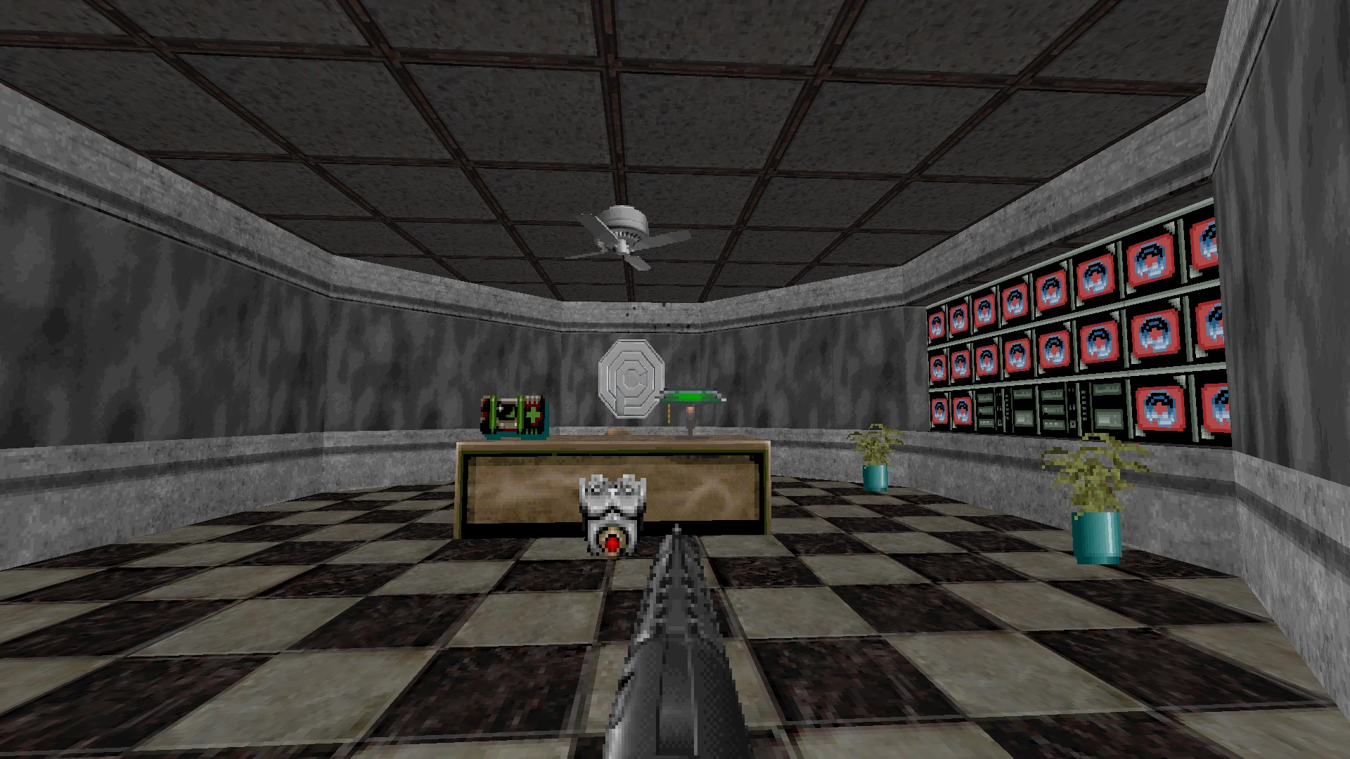 Screenshot from Doom II mod Robocop Doom showing a first-person shotgun view in a tiled office room with monitors and plants