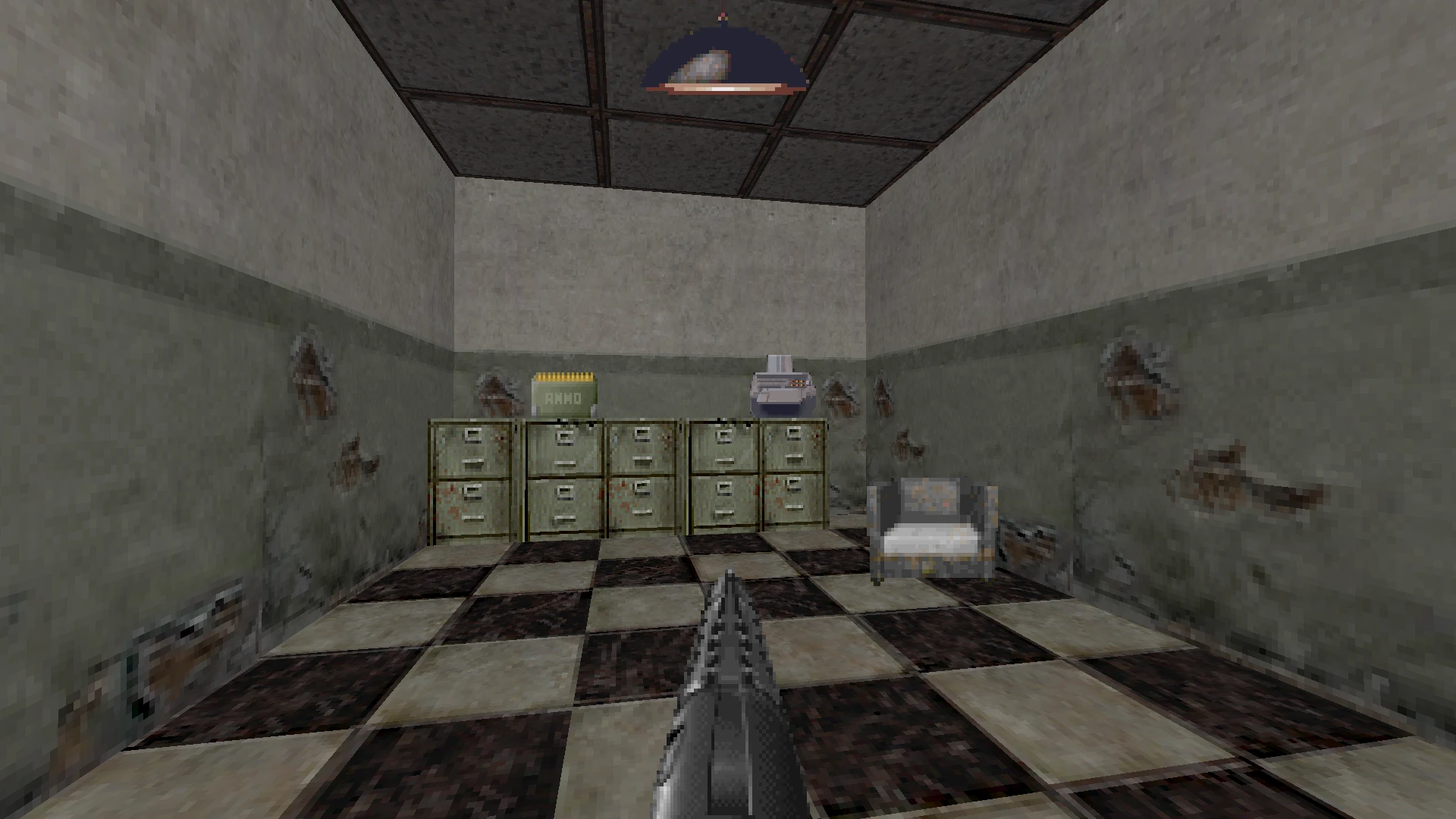 First-person view of Doom II Robocop mod showing ammo box and printer on filing cabinets in a worn office room