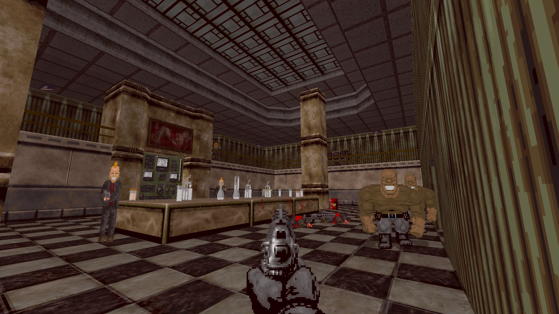 First-person view of player aiming pistol in a dim lab with enemies and scientific equipment in Robocop Doom mod