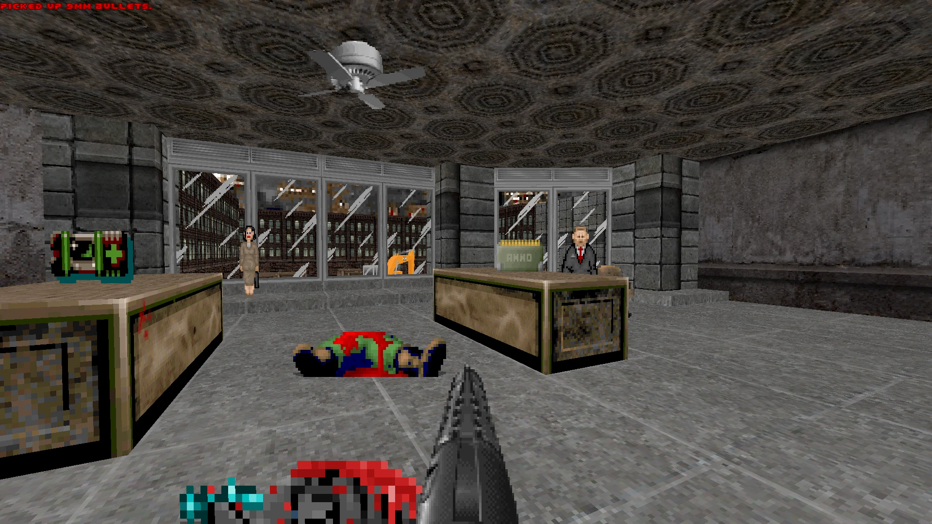 Doom II gameplay screenshot showing pixelated interior with two NPCs and a shotgun in Robocop Doom mod
