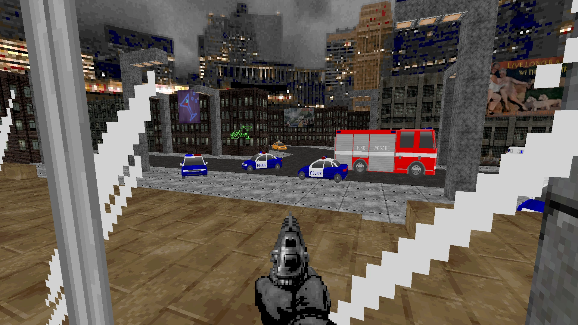 First-person view showing city street with police cars and a fire rescue truck under a cloudy sky