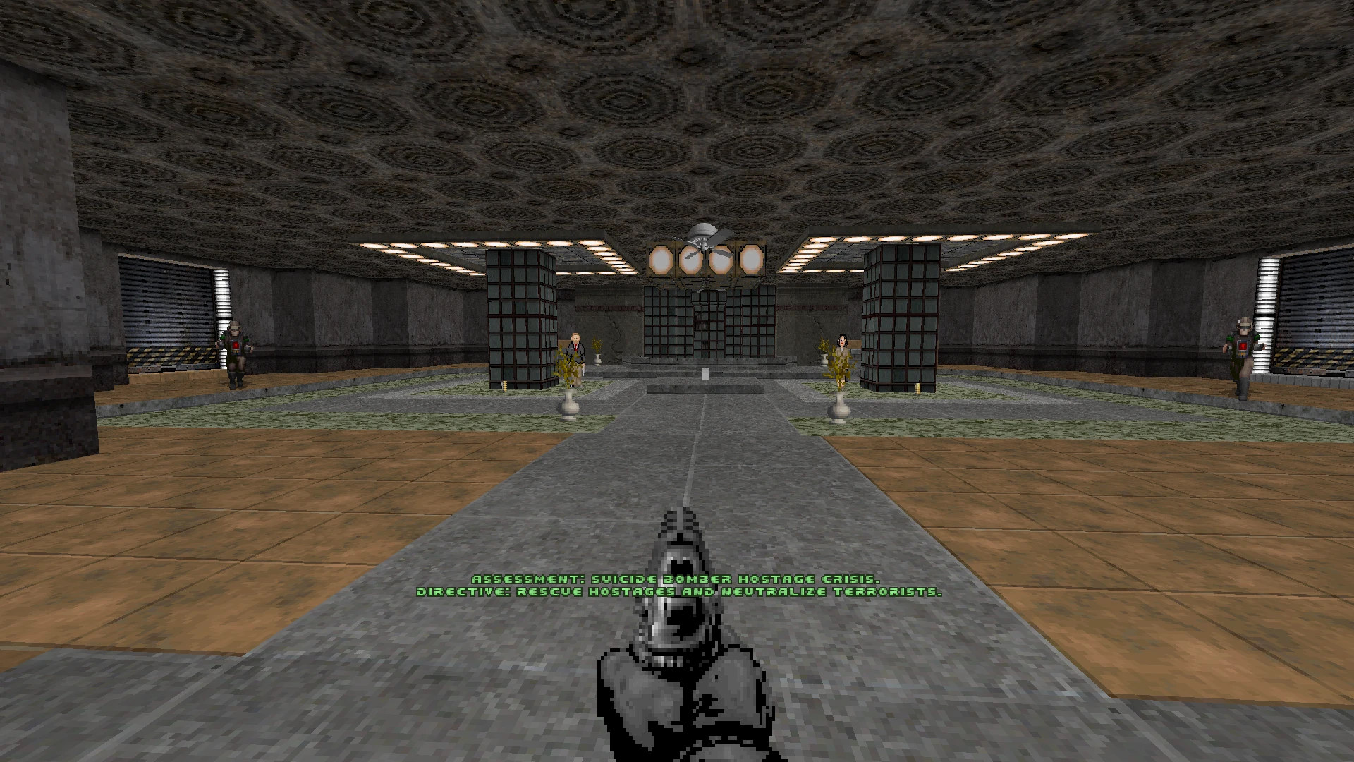 In-game screenshot showing first-person view with pistol in a hostage crisis area in Robocop Doom II mod