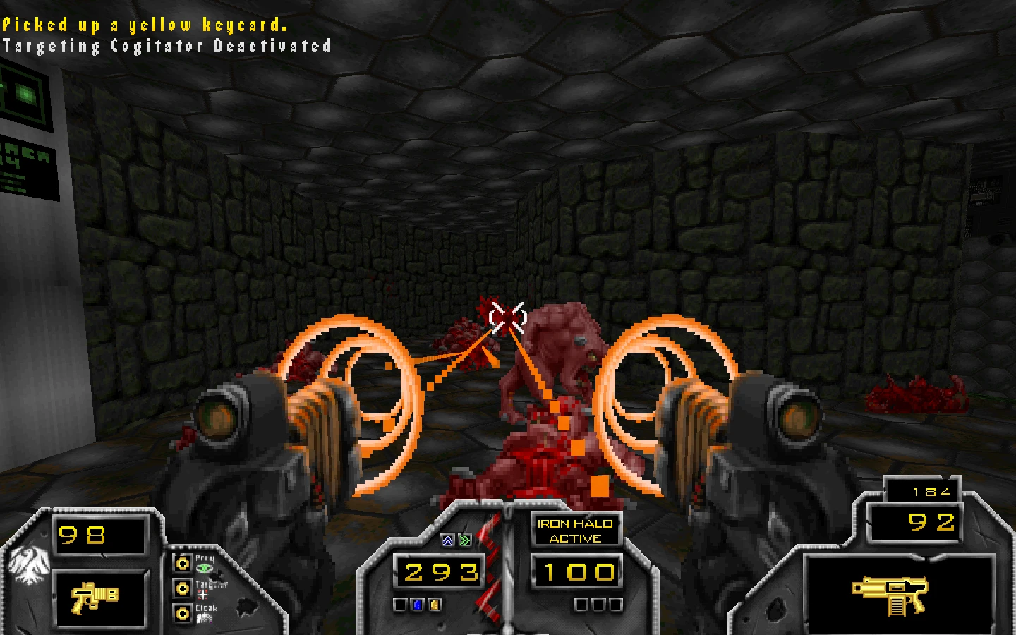 Player dual-wielding futuristic guns shooting glowing projectiles at a demon in a stone-walled corridor in Doom II Sable Blind mod