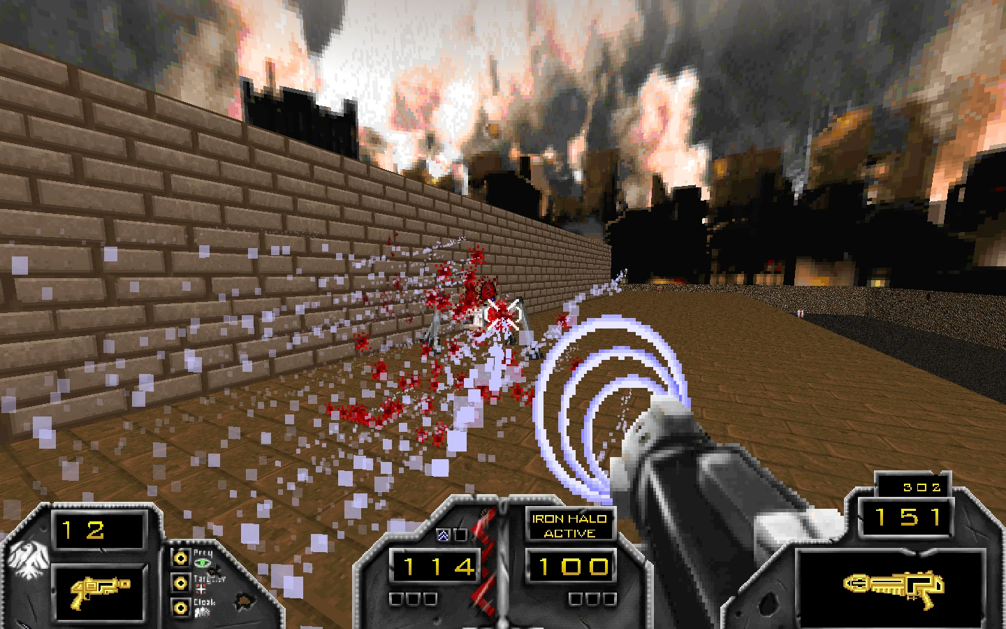First-person view of Doom II Sable Blind mod firing the iron halo weapon with splattering blood and pixel-style enemies