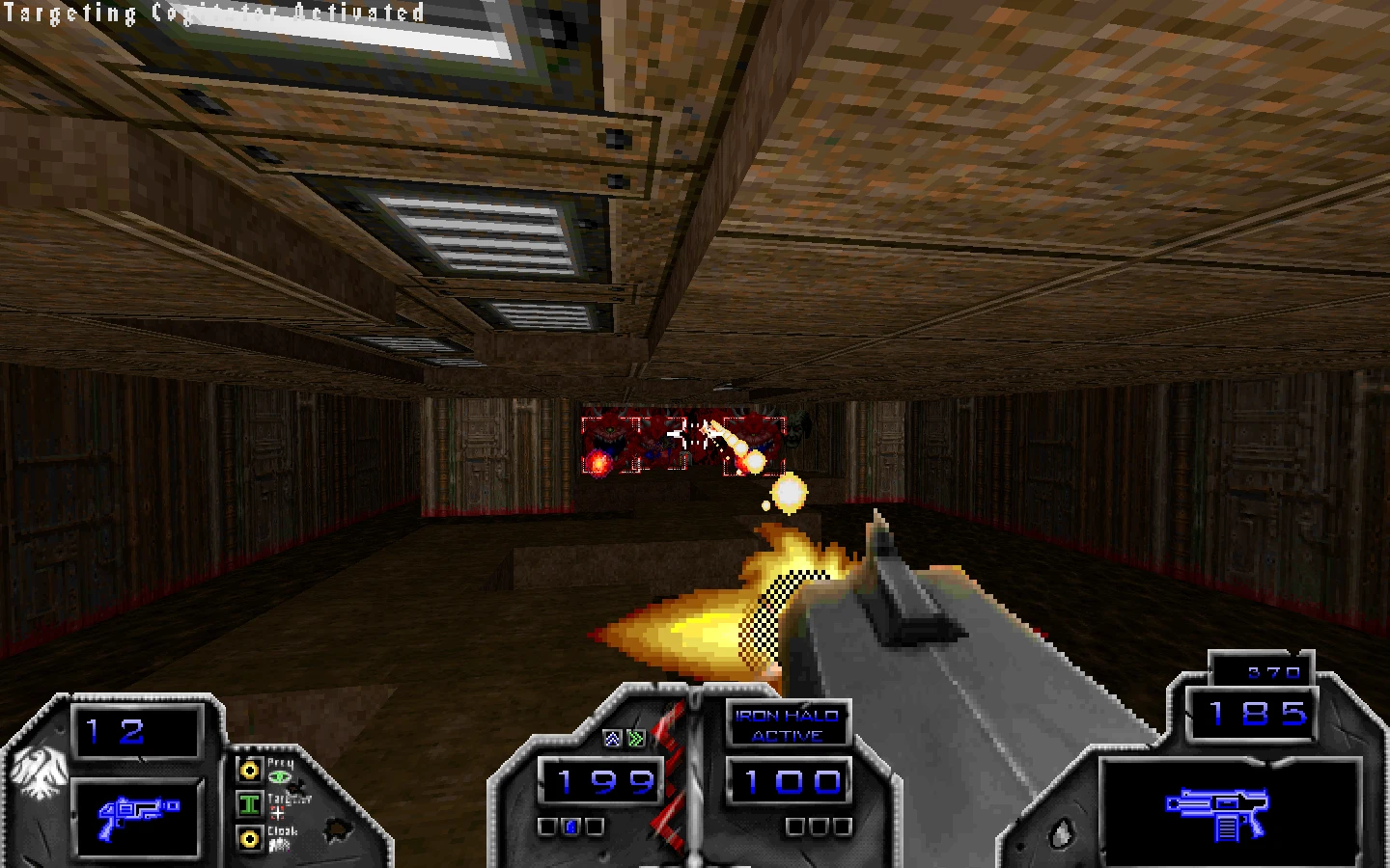 First-person view in Doom II mod Sable Blind showing active combat with targeting computer and firing weapon